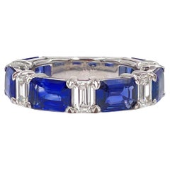18k White Gold Sapphire and Diamond Emerald Cut Ring