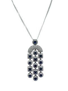 18K White Gold Sapphire and Diamond Geometric Drop Necklace