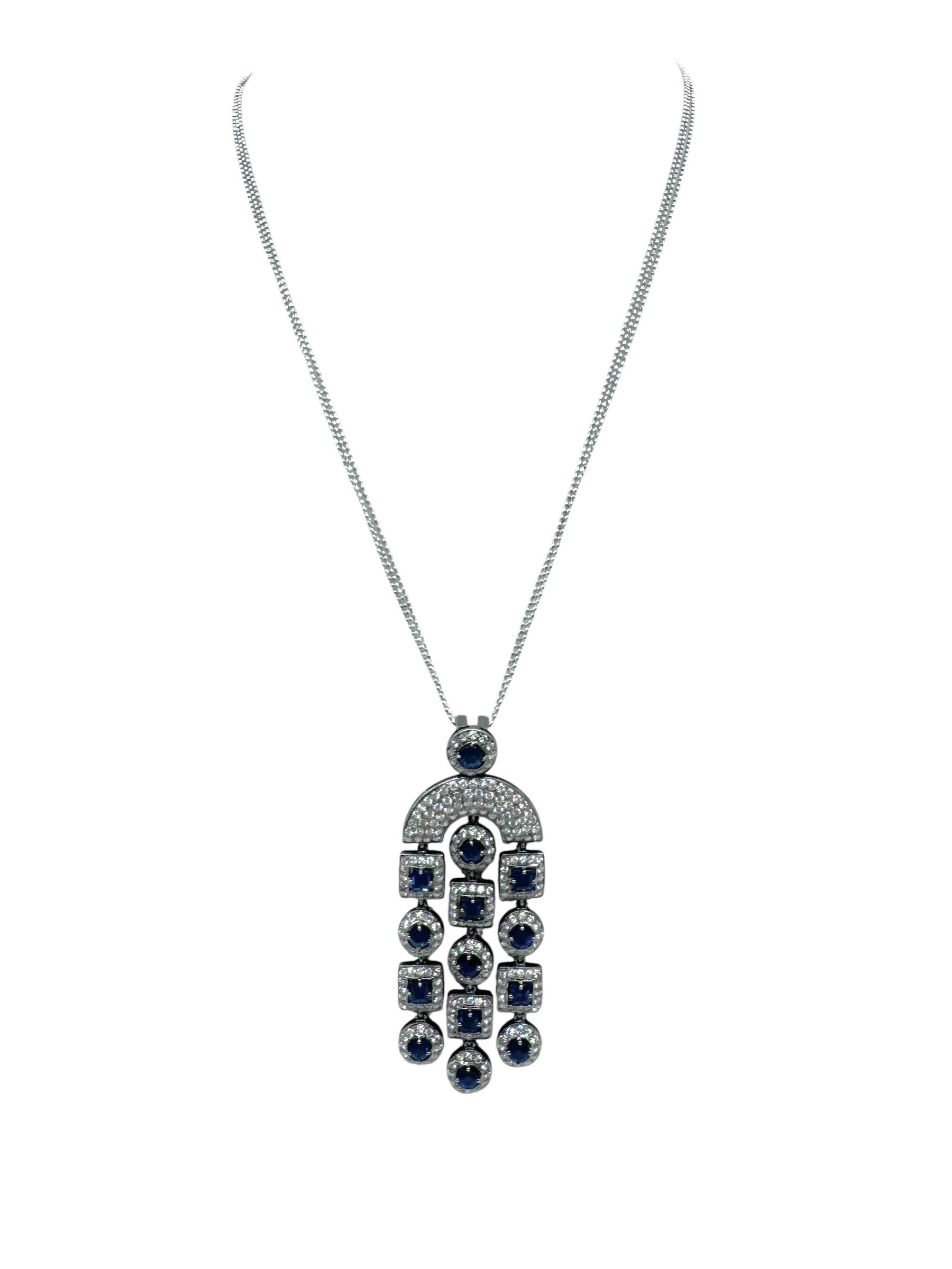 Collana geometrica con zaffiri e diamanti in oro bianco 18K in vendita 3