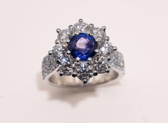 New Solid 18K White Gold 1.42ct Natural Sapphire & Diamond Halo Ring