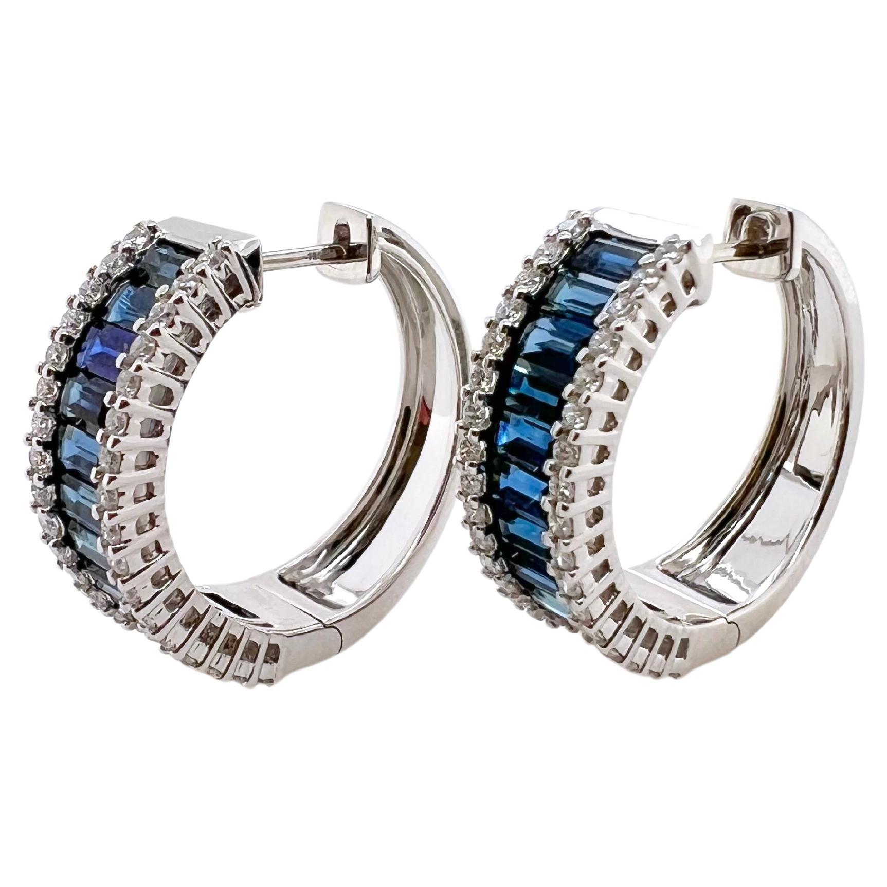 Contemporary 18k White Gold Sapphire and Diamond Hoop Earrings For Sale