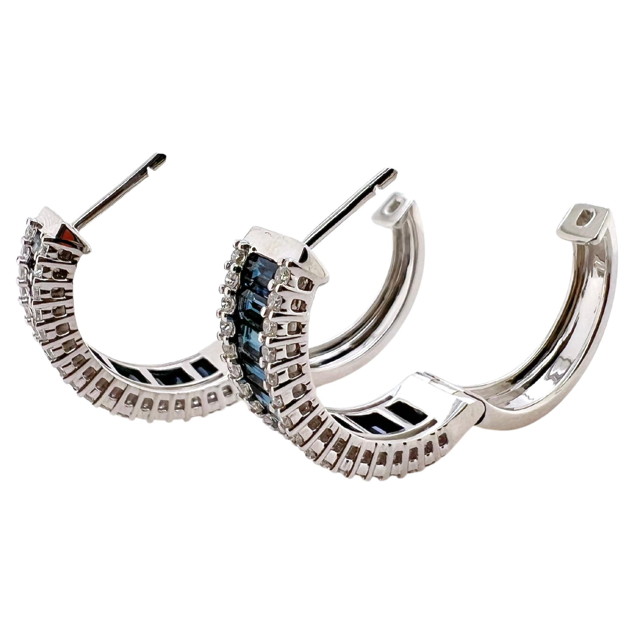 Baguette Cut 18k White Gold Sapphire and Diamond Hoop Earrings For Sale