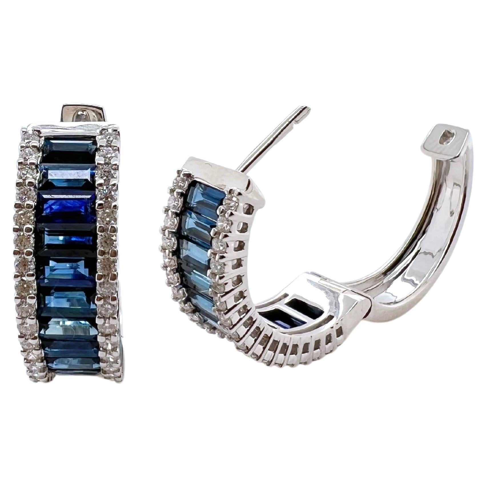 18k White Gold Sapphire and Diamond Hoop Earrings For Sale