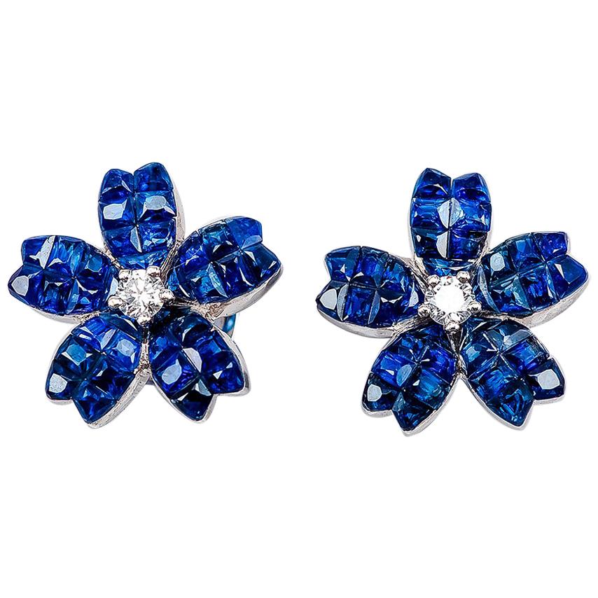 18k white gold Sapphire and diamond invisible Stud Earrings