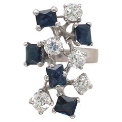18K White Gold Sapphire and Diamond Modernist Hand Made Ring size 6.25
