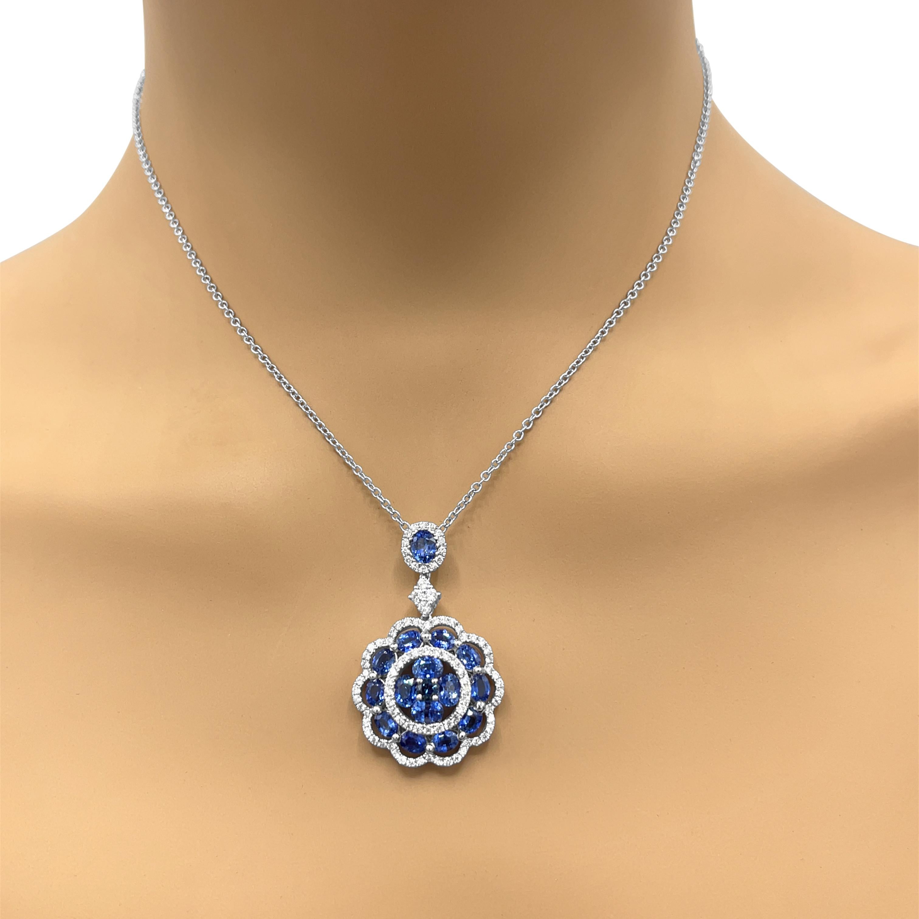 18k White Gold
Sapphire: 4.0 tcw
Diamond: 0.78 ct twd
Chain Length: 16 inches
Pendant: 1 1/4 inches
Total Weight: 10.54 grams