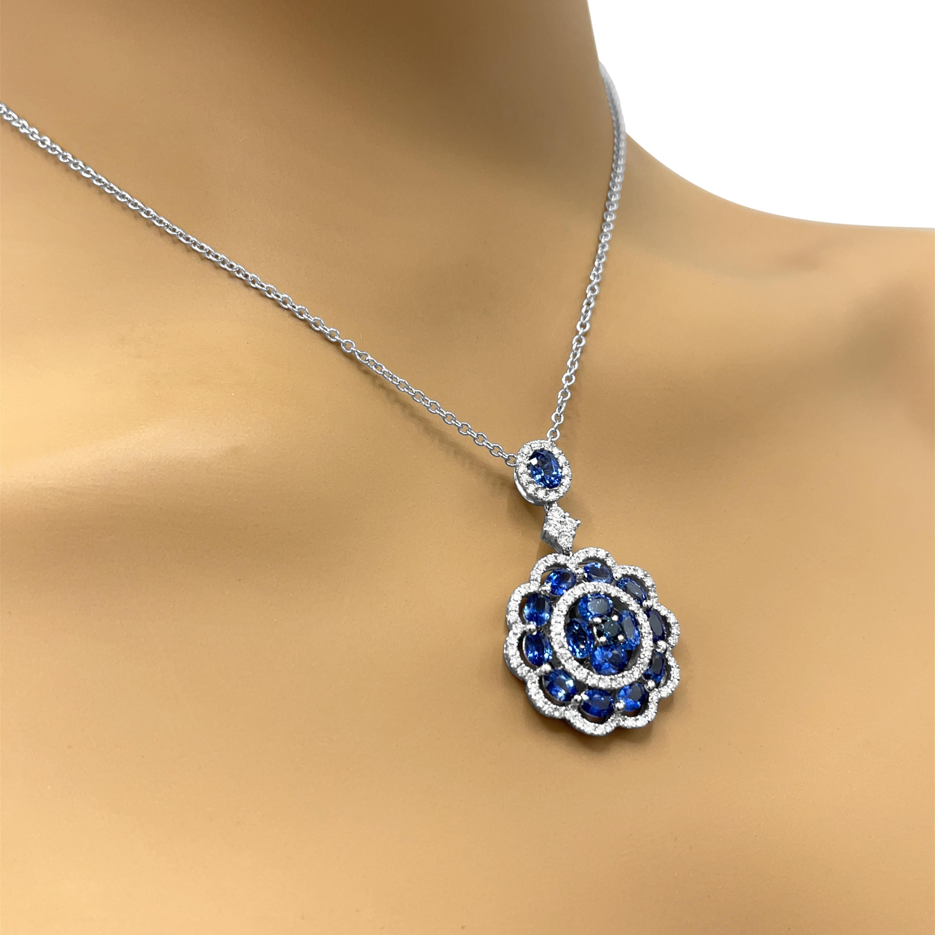Oval Cut 18k White Gold Sapphire and Diamond Pendant Necklace For Sale