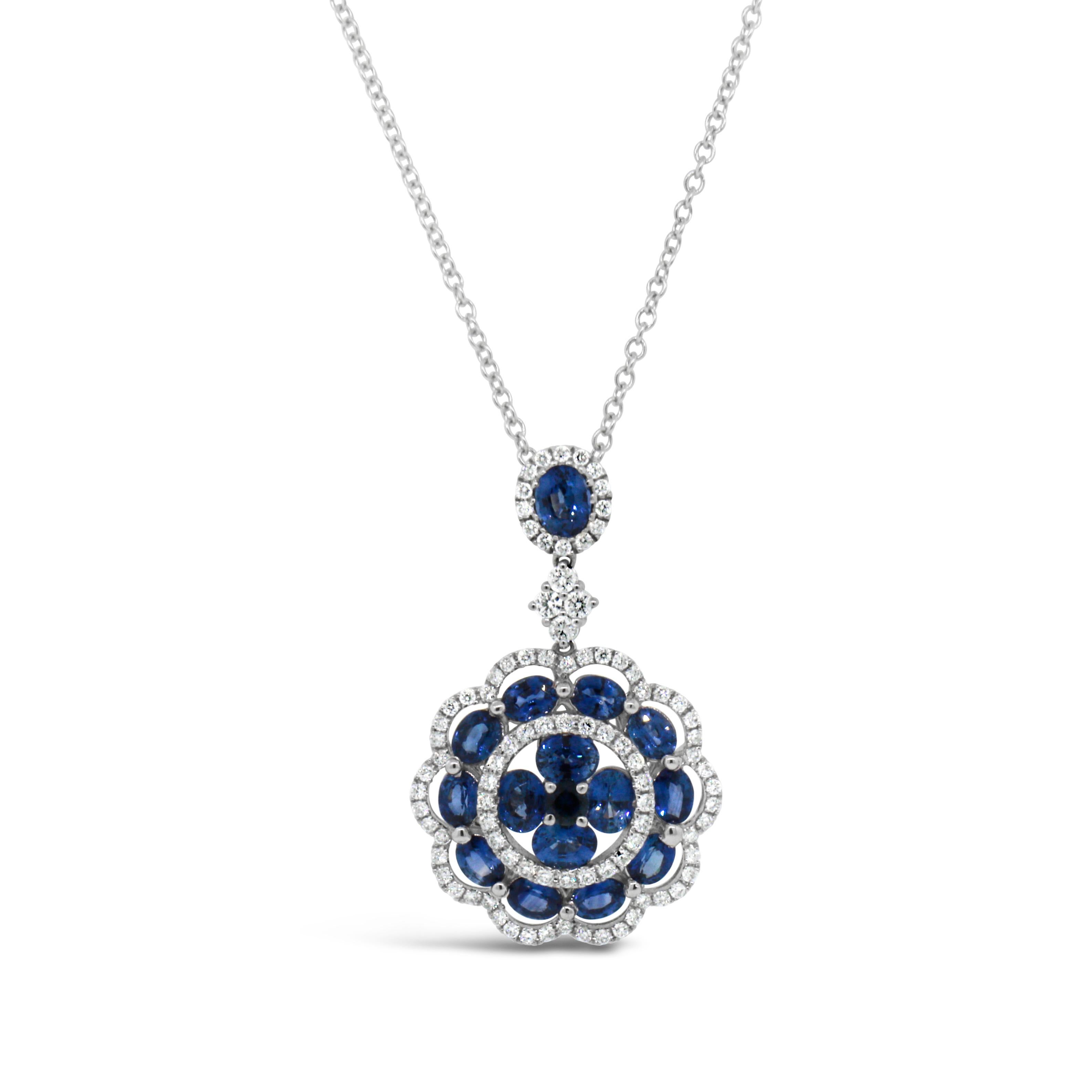 18k White Gold Sapphire and Diamond Pendant Necklace In Good Condition For Sale In New York, NY
