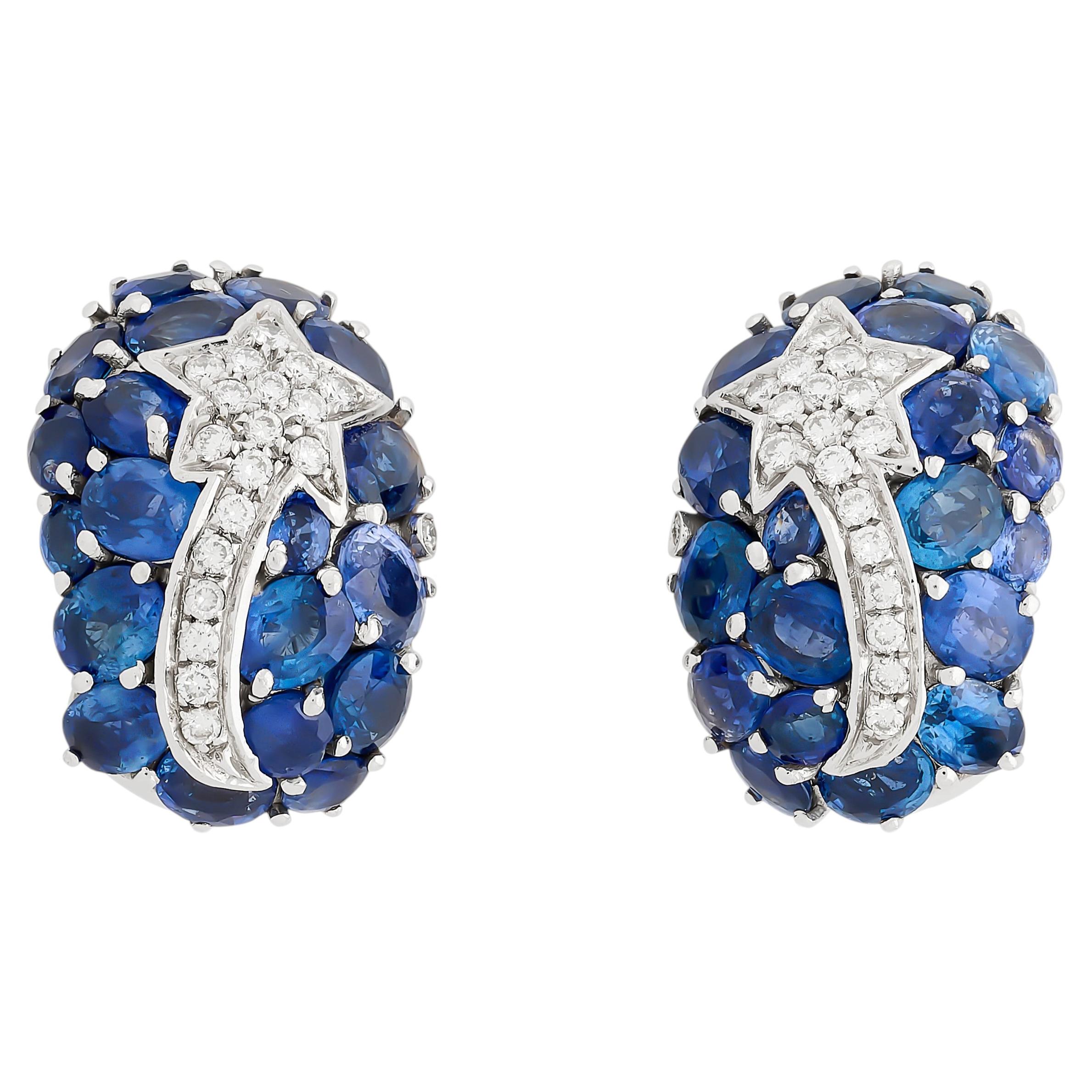 18K White Gold Sapphire and Diamond Shooting Star Night Sky Celestial Earrings For Sale