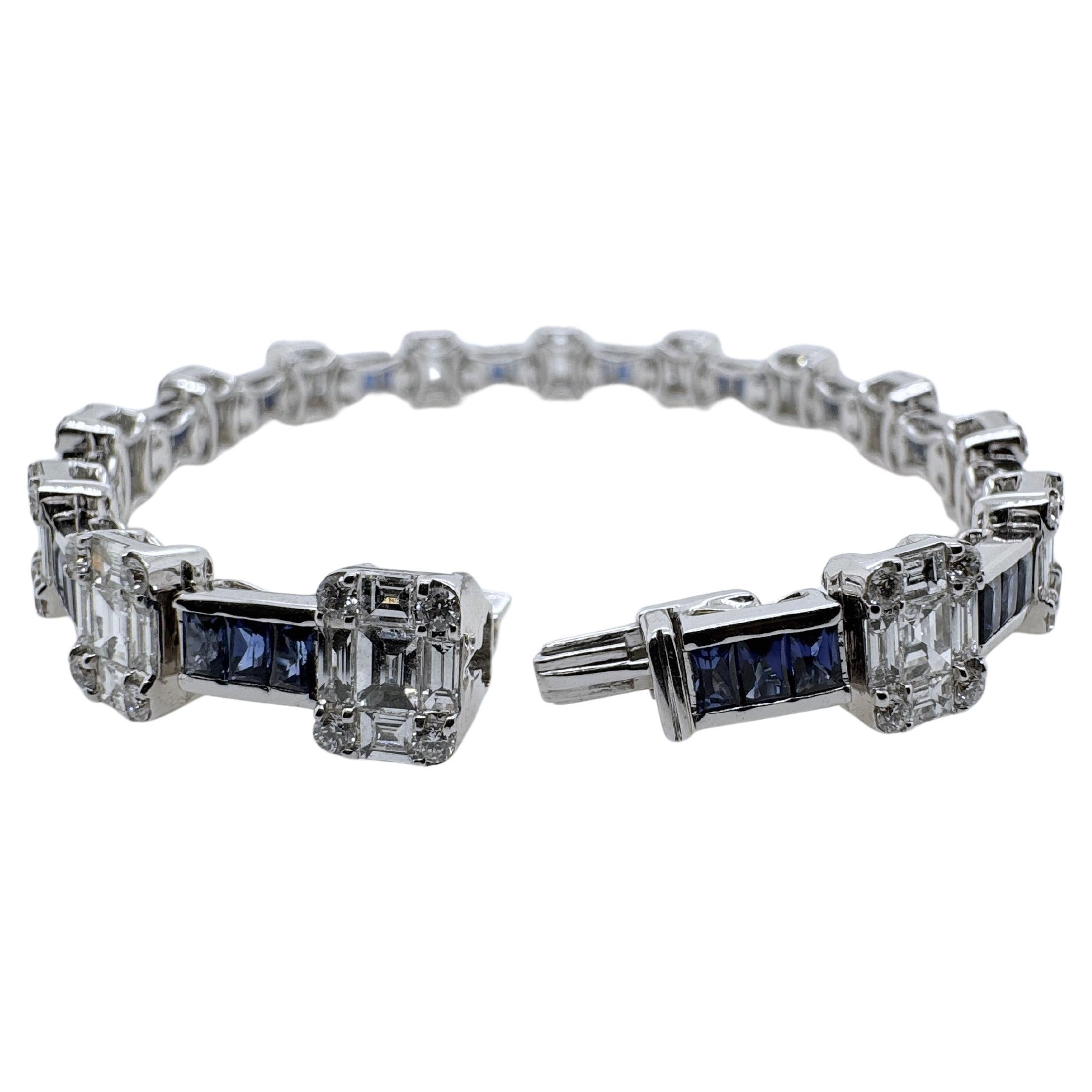 Command attention with refined strength and timeless style. This striking tennis bracelet is crafted in 18K white gold and showcases alternating rows of blue sapphires and baguette cut diamonds-precision set for a bold, streamlined look.

Whether