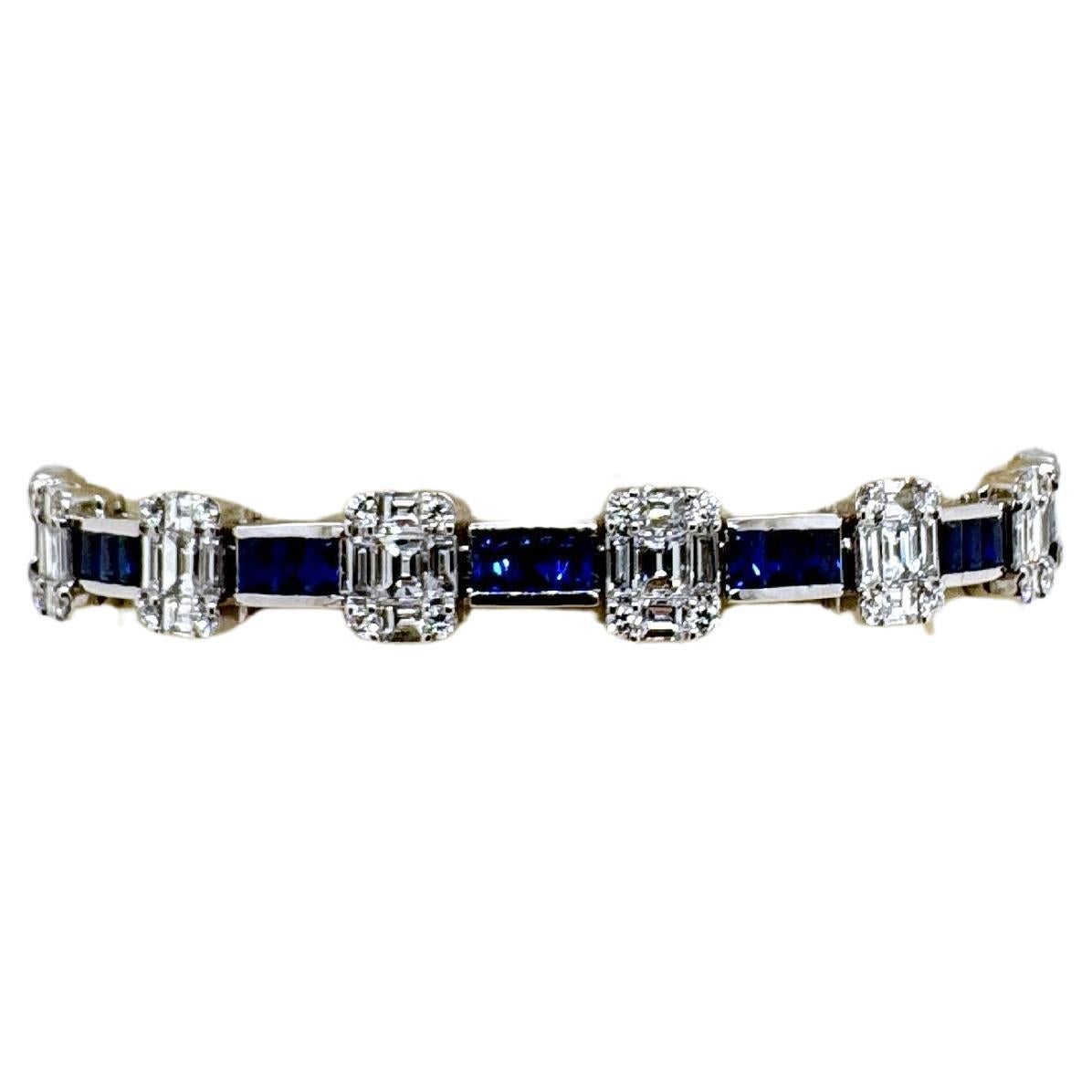 Contemporary 18k White Gold Sapphire and Diamond Tennis Bracelet For Sale