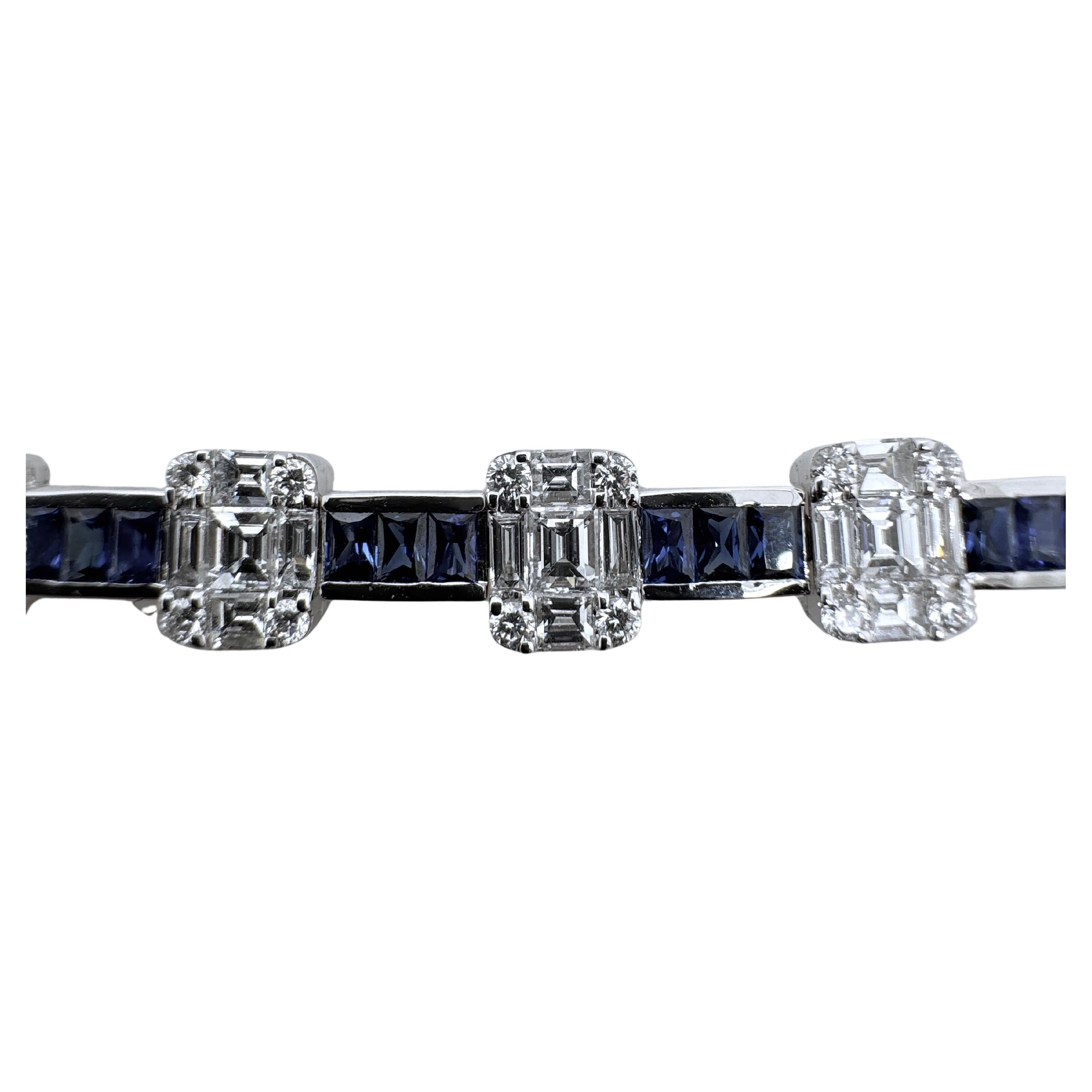 18k White Gold Sapphire and Diamond Tennis Bracelet In New Condition For Sale In Carrollton, TX
