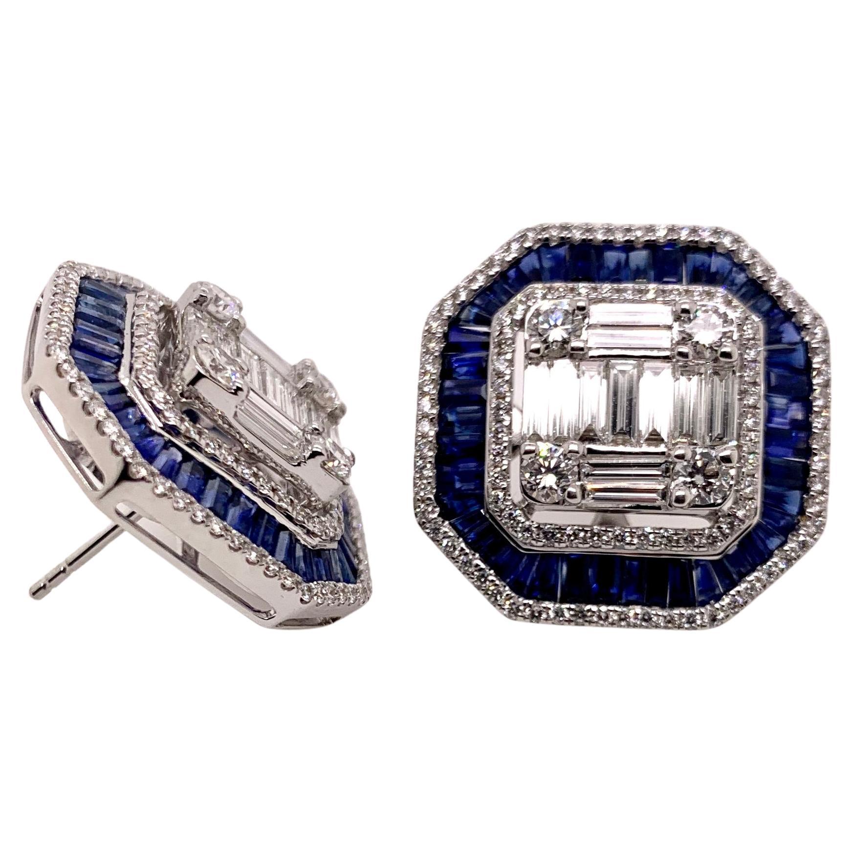 Ohrringe aus 18 Karat Weißgold mit Saphiren und Diamanten im Vintage-Stil (Zeitgenössisch) im Angebot