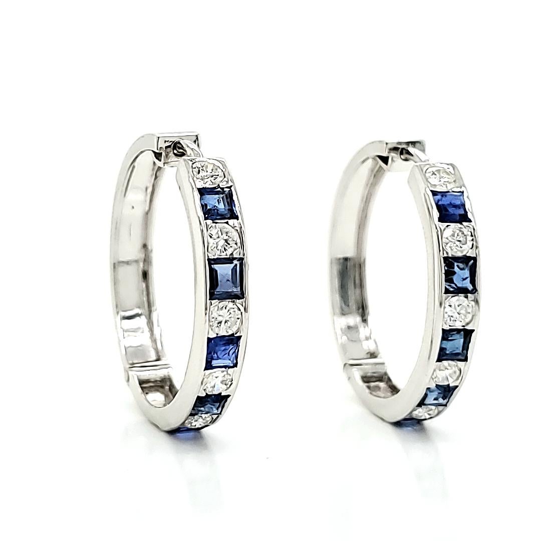 Square Cut 18k White Gold Sapphire and Round Diamond Cts 1.22 Earrings For Sale