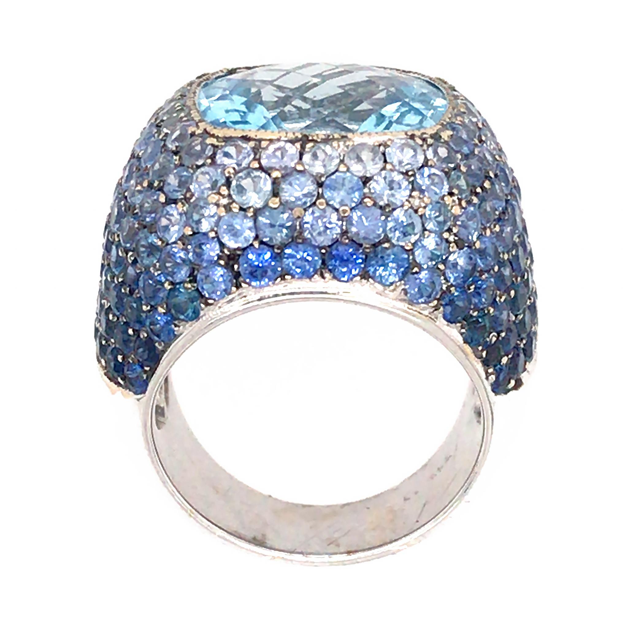 18k White Gold
Topaz: 11.47 tcw
Sapphire: 10.27 tcw
Ring Size: 6.5
Total Weight: 20 grams