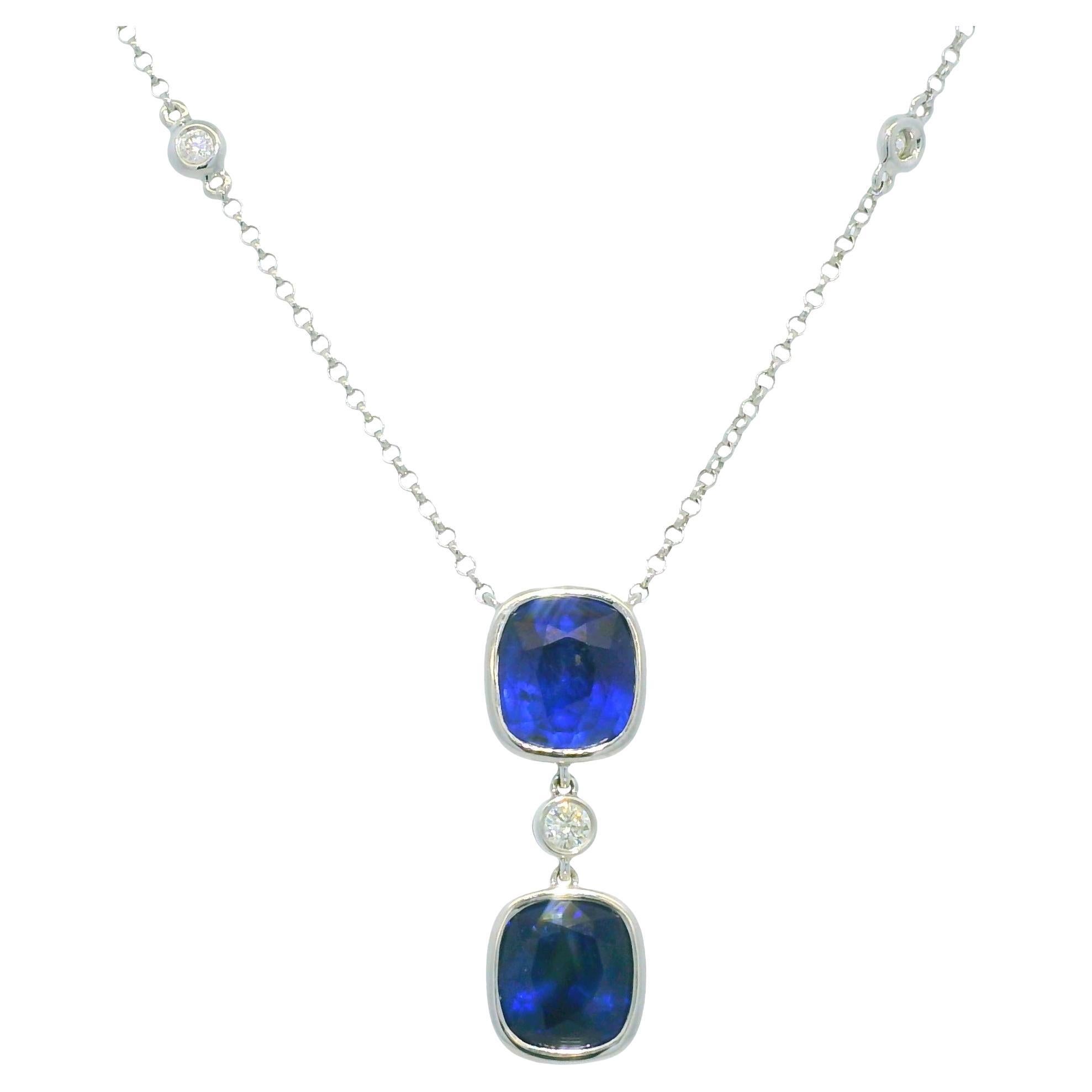 18K White Gold Sapphire Cushion Cut & Diamonds By The Yard Necklace In Stock