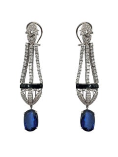 18K White Gold Sapphire, Diamond, and Onyx Drop Earrings