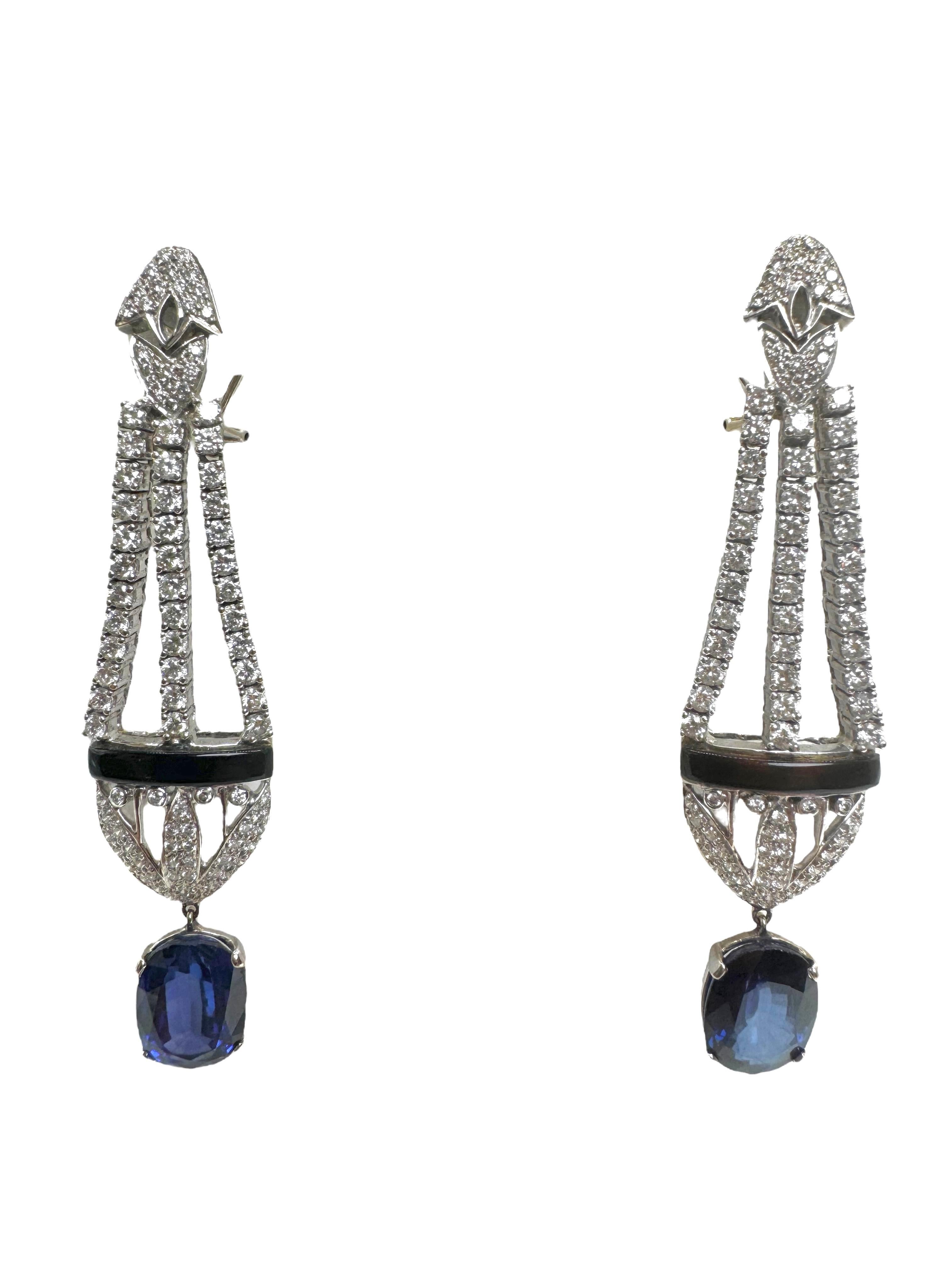 Pendientes de Gota de Zafiro, Diamante y Ónix de Oro Blanco de 18 K Corte oval en venta