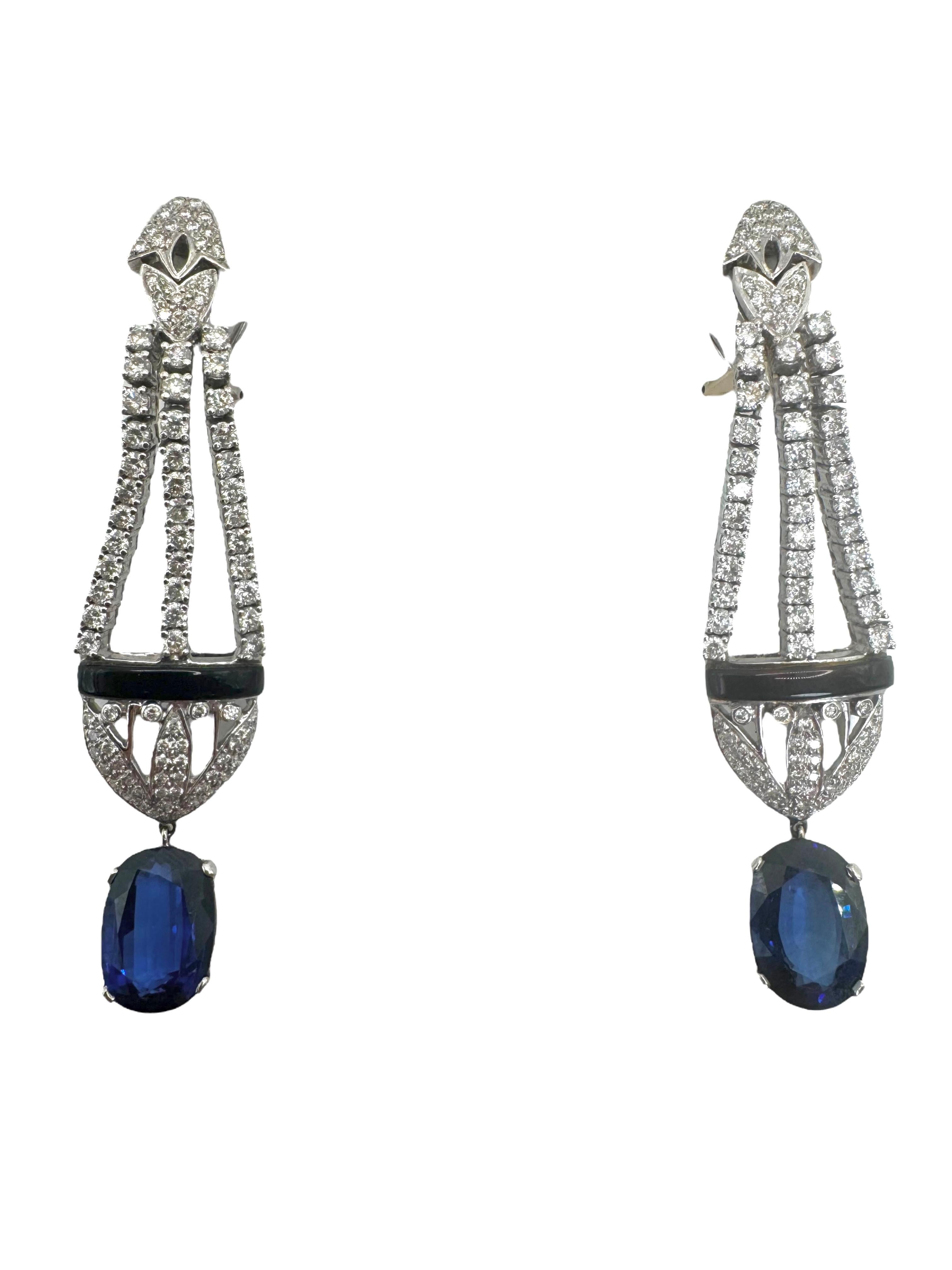 Pendientes de Gota de Zafiro, Diamante y Ónix de Oro Blanco de 18 K en Excelente estado para la venta en Great Neck Plaza, NY