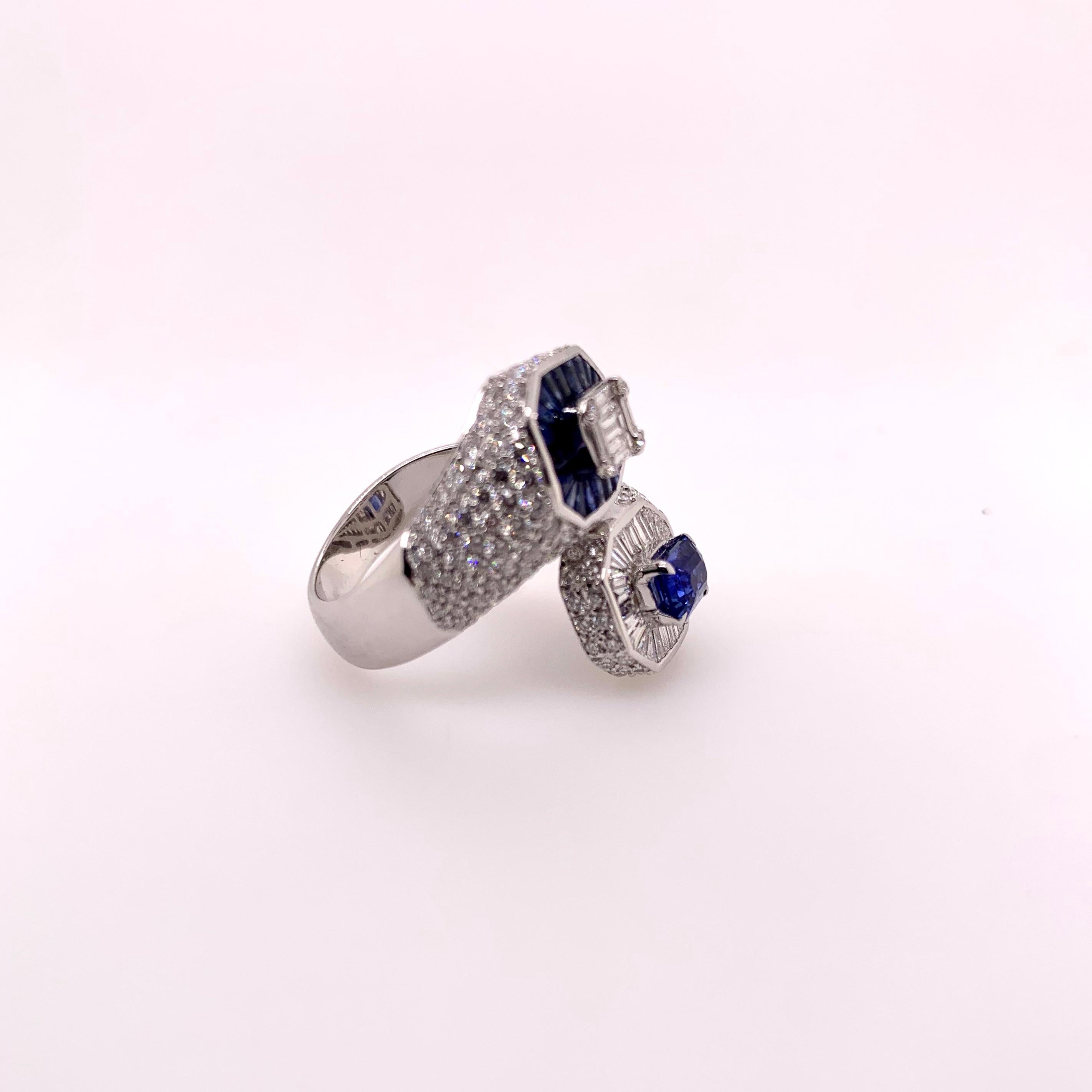Contemporary 18k White Gold Sapphire & Diamond Bypass Style Ring For Sale