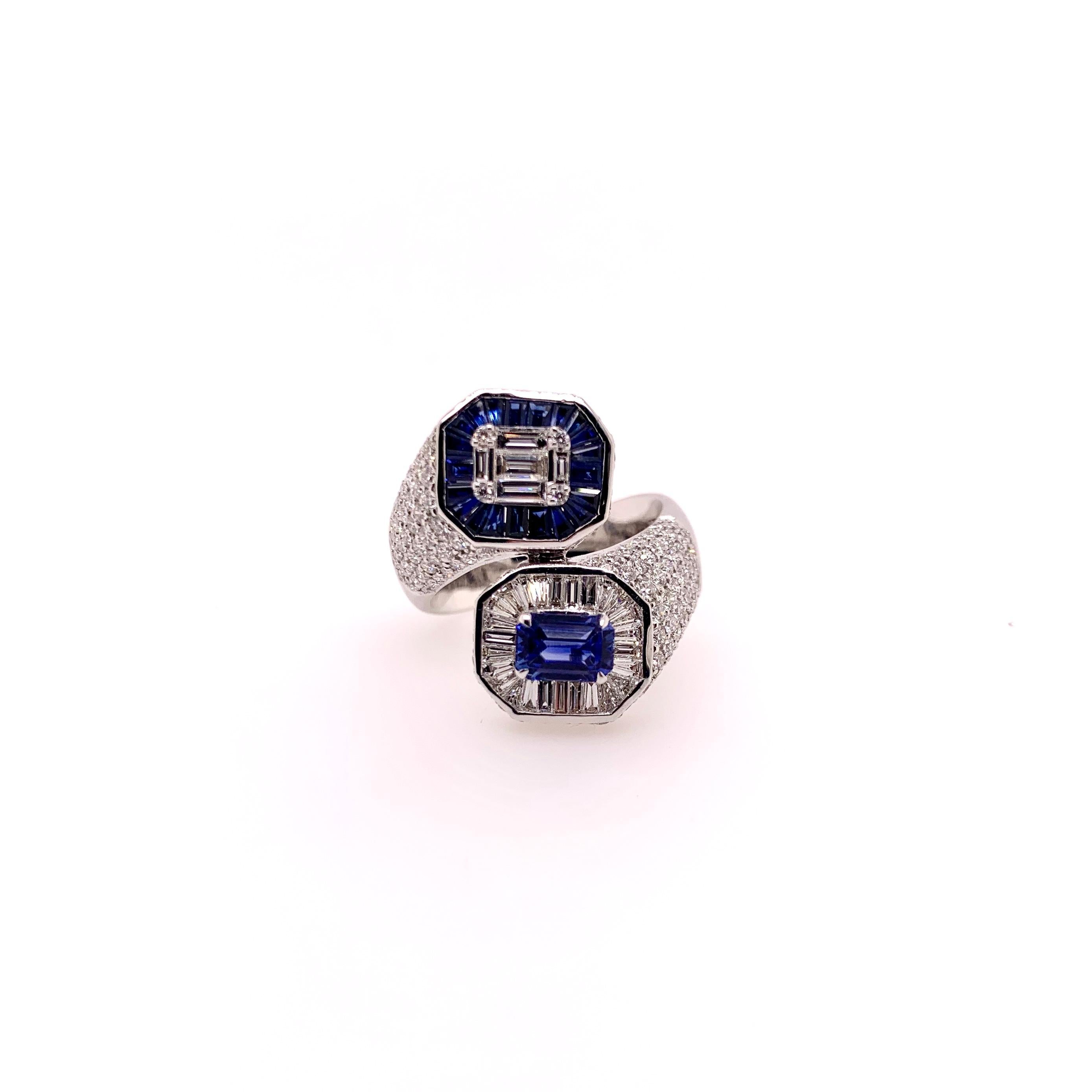 Baguette Cut 18k White Gold Sapphire & Diamond Bypass Style Ring For Sale