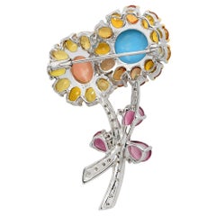 18K White Gold Sapphire Diamond Citrine Flower Brooch