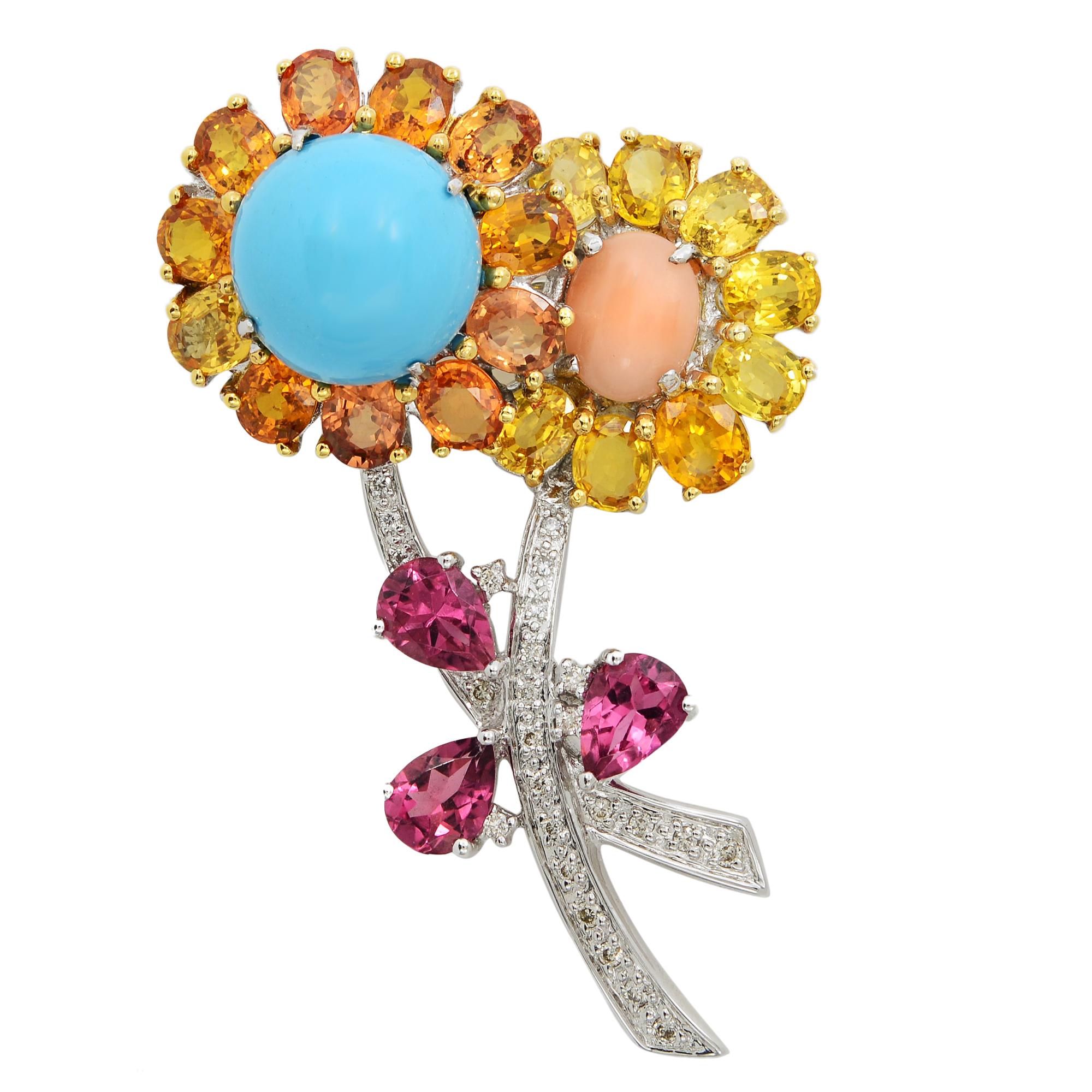 Taille ronde Broche fleur en or blanc 18 carats, saphirs, diamants et citrine en vente