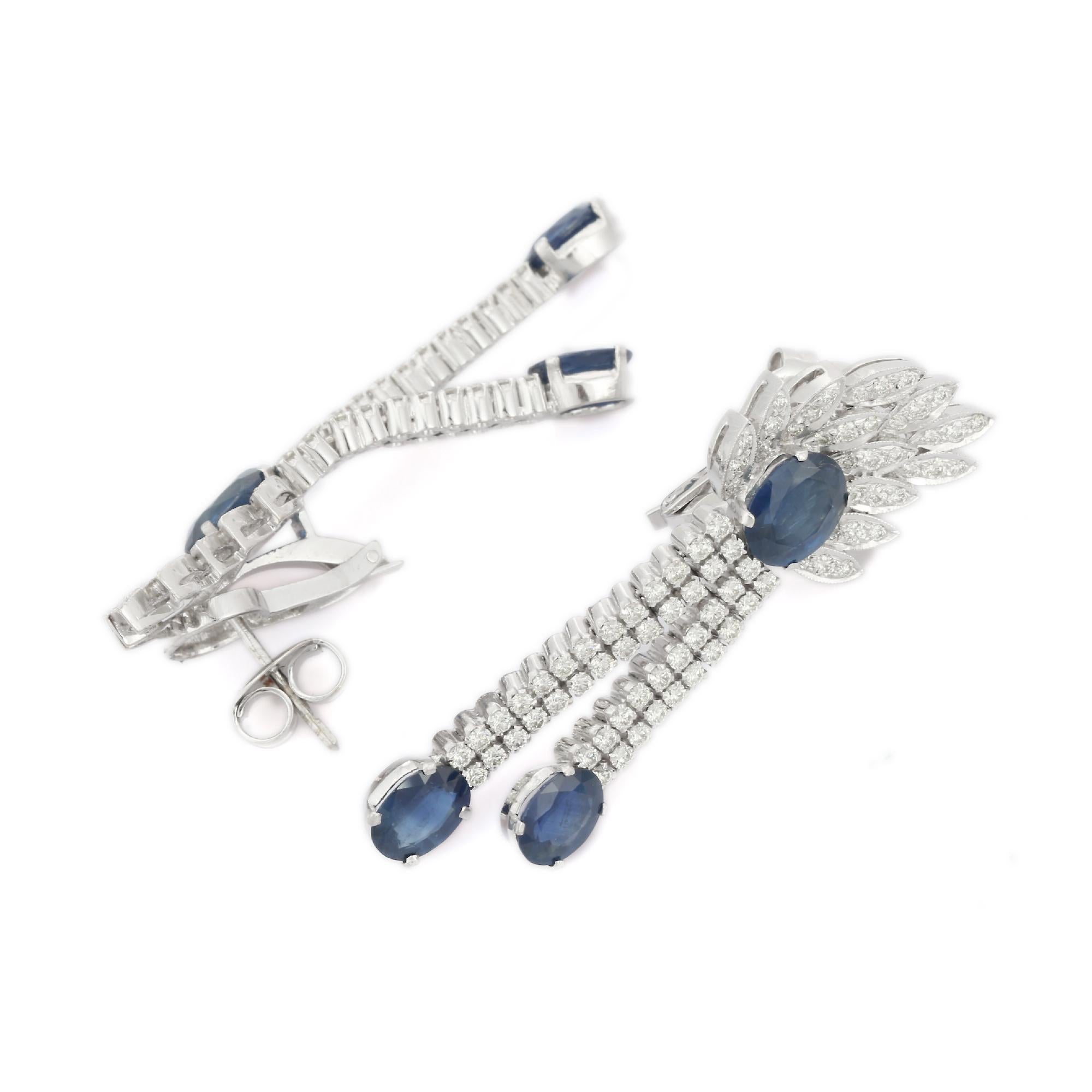 Modern 18kt Solid White Gold 11 ct Sapphire and Diamond Fine Earrings For Sale