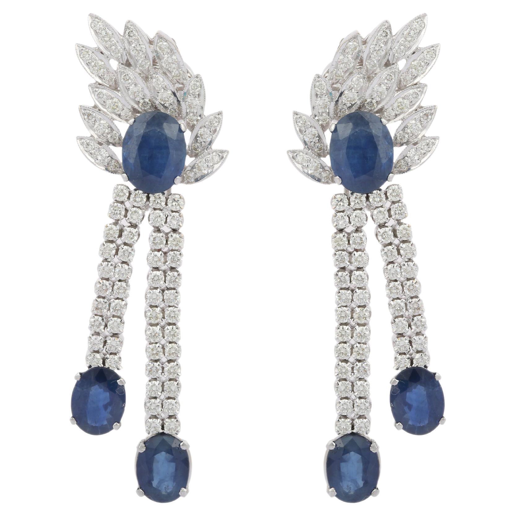 18kt Solid White Gold 11 ct Sapphire and Diamond Fine Earrings For Sale