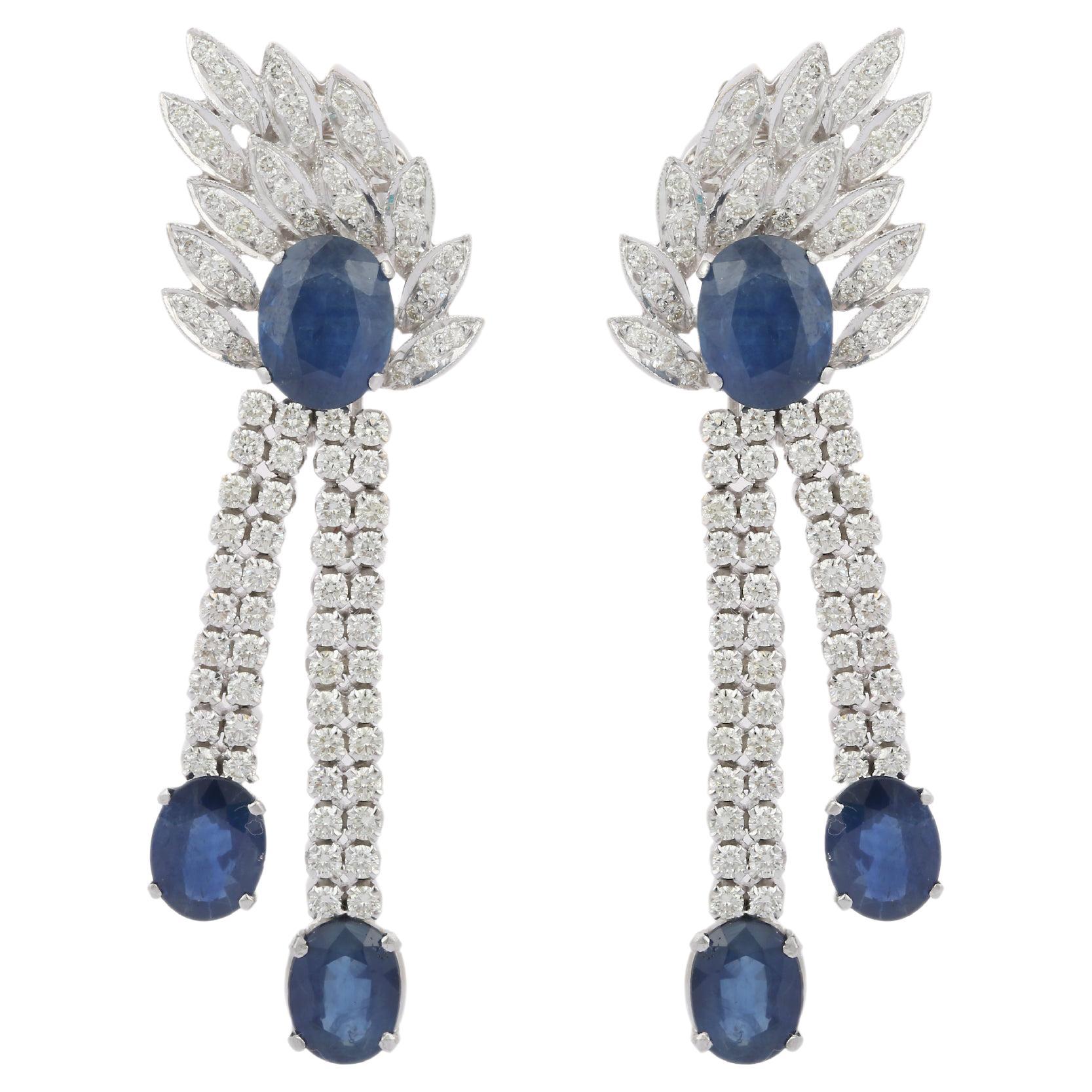 Boucles d'oreilles fines en or blanc massif 18kt 11 ct saphir et diamant