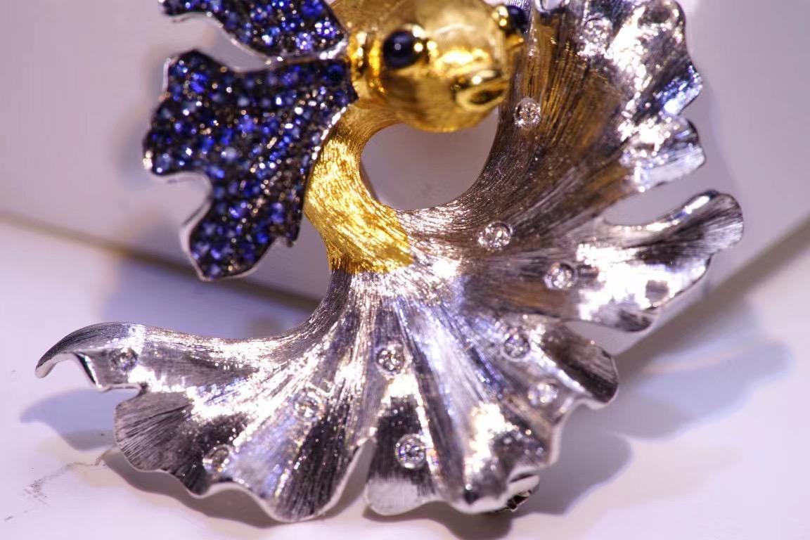 da uomo o donna Spilla/pendente con zaffiro e diamante in oro bianco 18 carati in vendita