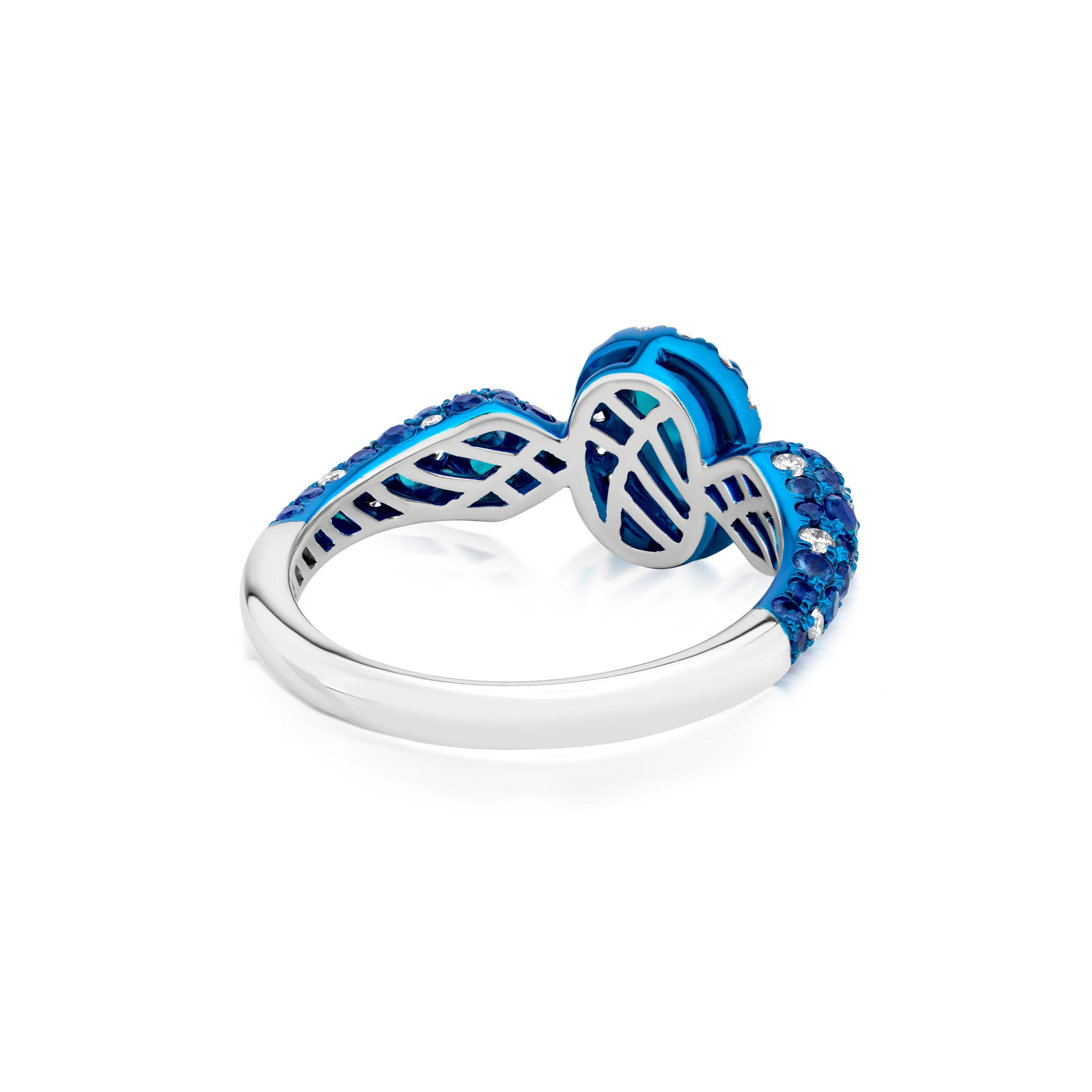 Contemporary Nigaam 2.1 Cts. Sapphire & Diamond Halo Ring Size 7 in  18K White Gold For Sale