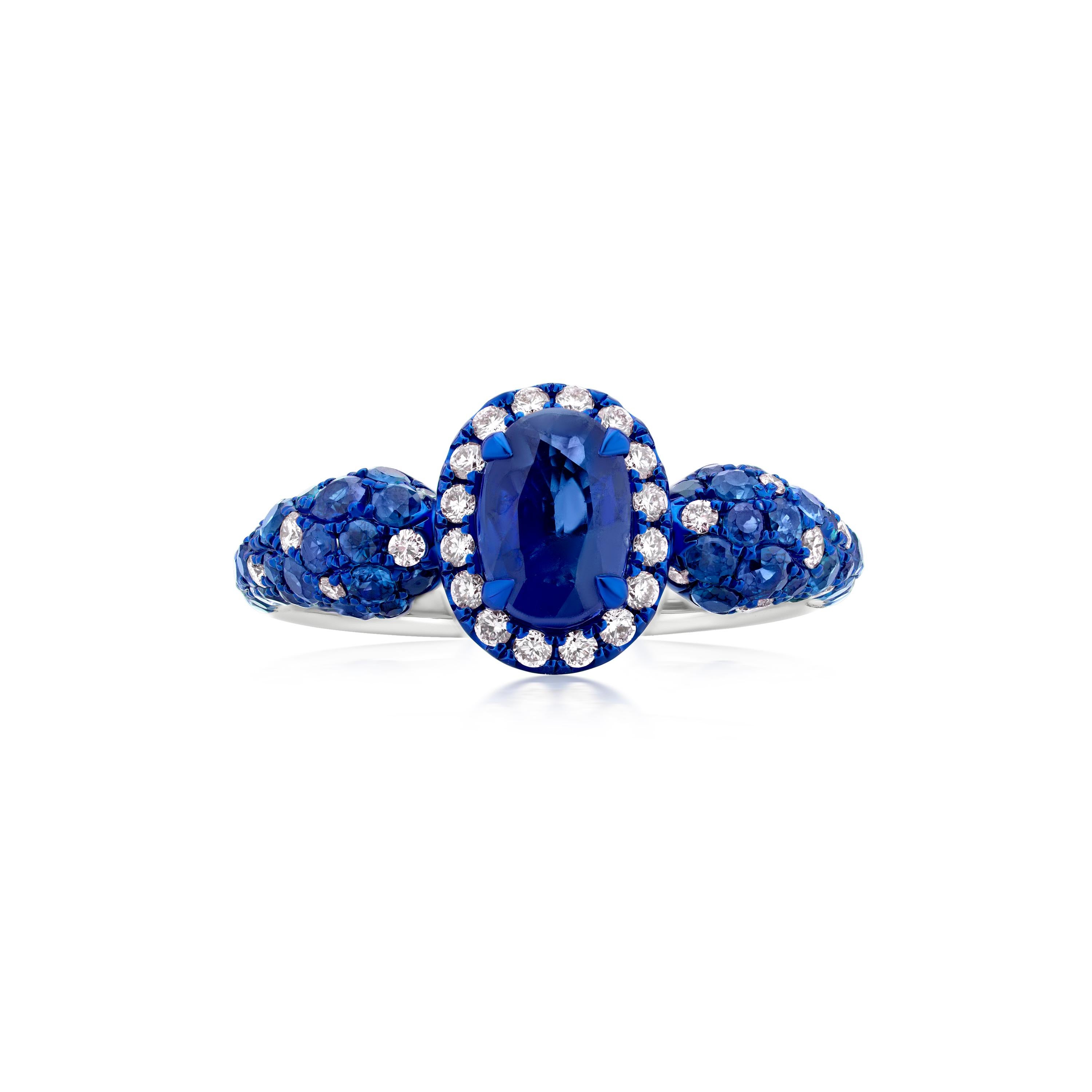Nigaam 2.1 Cts. Sapphire & Diamond Halo Ring Size 7 in  18K White Gold In New Condition For Sale In New York, NY