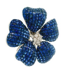 18k White Gold Sapphire & Diamond Invisible Mystery Set Flower Brooch Pendant