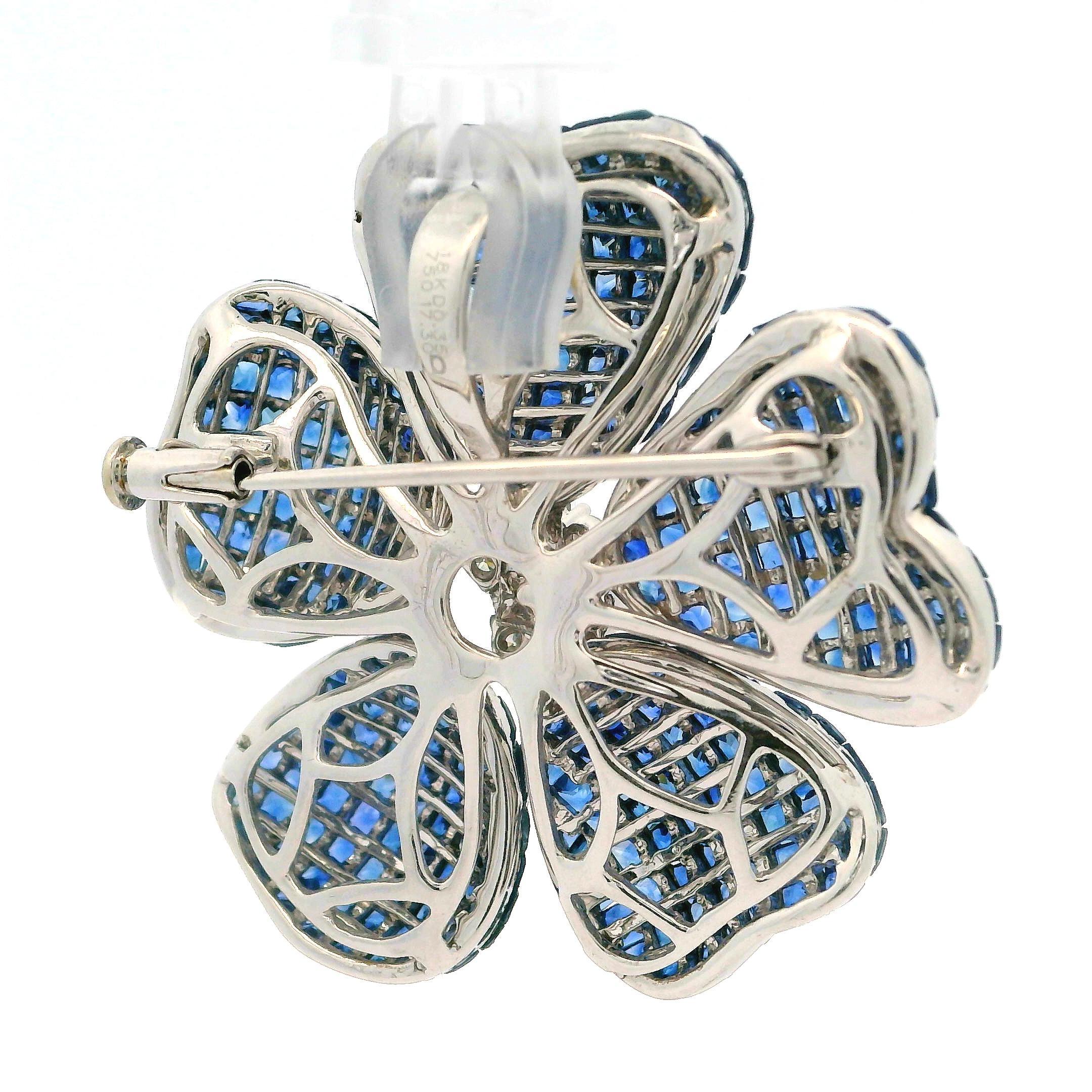 Square Cut 18k White Gold Sapphire & Diamond Invisible Mystery Set Flower Brooch Pendant For Sale
