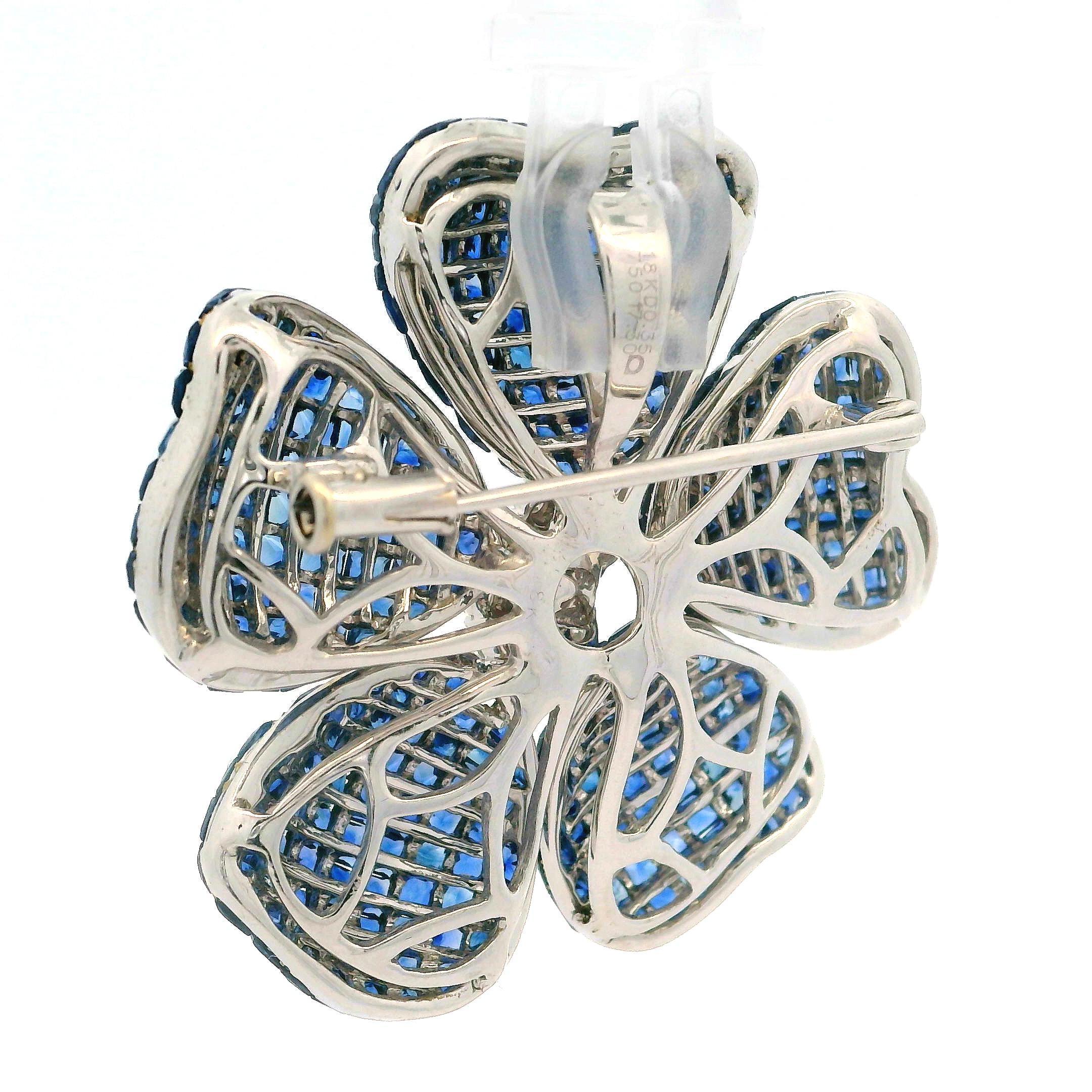 Women's 18k White Gold Sapphire & Diamond Invisible Mystery Set Flower Brooch Pendant For Sale
