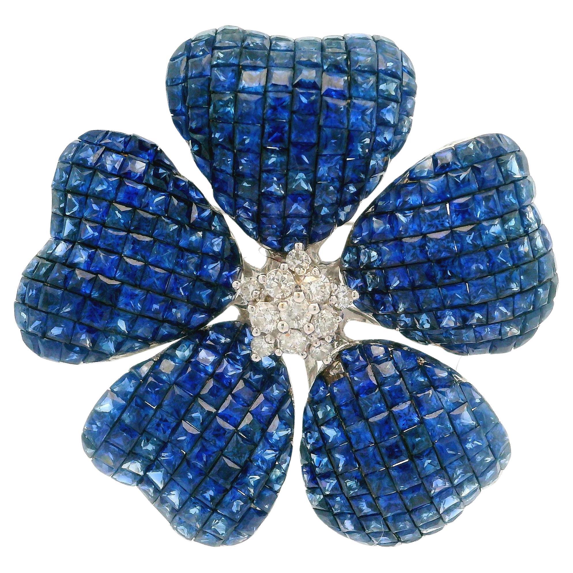 Colgante Broche Flor Invisible Engastado Misterioso de Zafiro y Diamantes en Oro Blanco de 18k