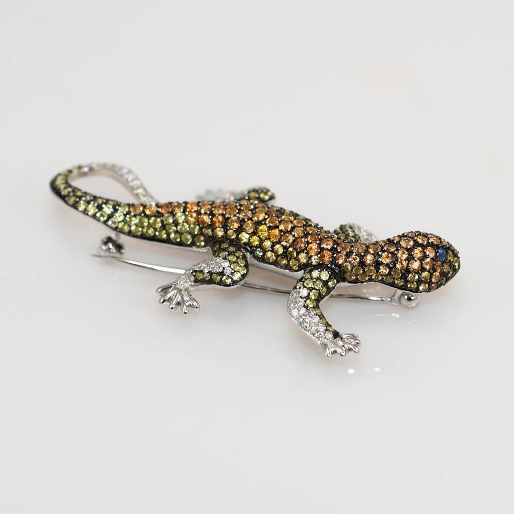 Women's or Men's 18K White Gold Sapphire & Diamond Lizard Brooch, 2.00tcw, 10.8g For Sale