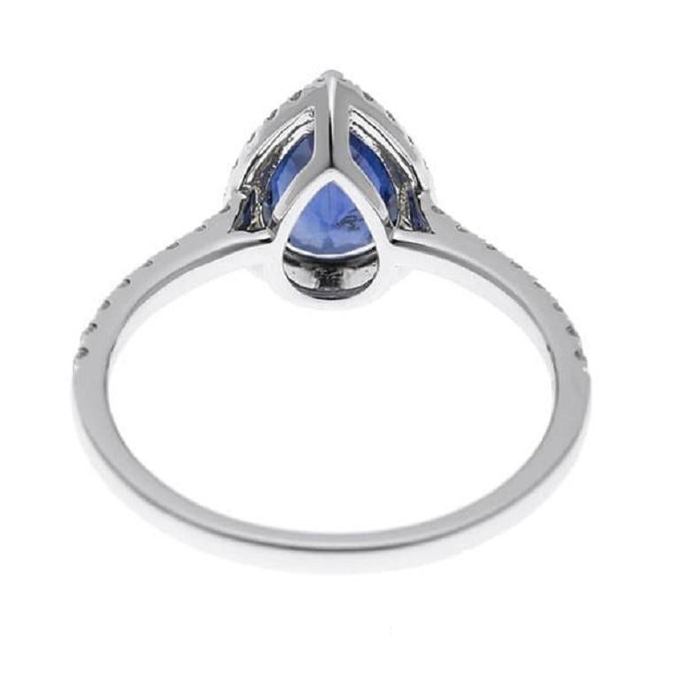 Artist 18K White Gold Sapphire Diamond Pear Shape Ring, Size 6.5 For Sale