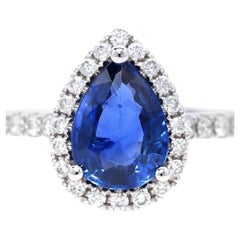 18K White Gold Sapphire Diamond Pear Shape Ring, Size 6.5