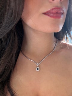 Sapphire & Diamond Pear Shape Drop Necklace Princess Diana Style 18K White Gold