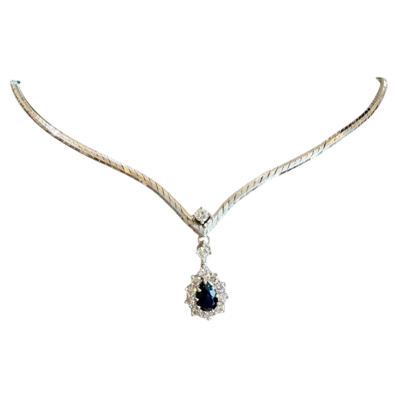 Sapphire & Diamond Drop Necklace Princess Diana Style 18K White Gold Pear Shape