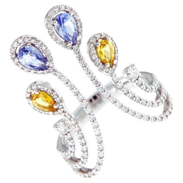 18K White Gold Sapphire & Diamond Ring – Striking Contrast in Blue and Yellow