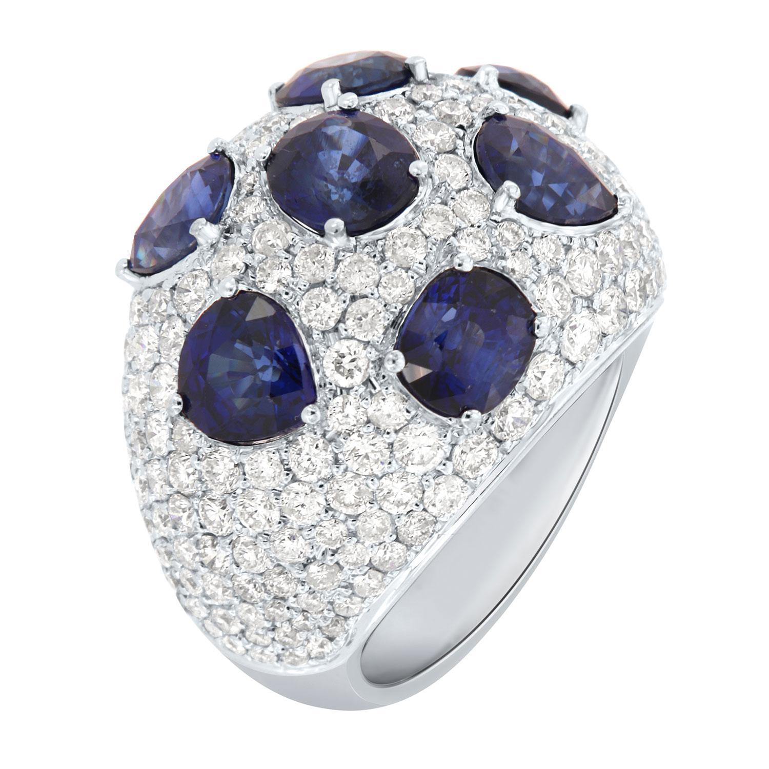 This one-of-a-kind ring features varied shapes natural sapphires approximately 1 carat each ( 7.77 Carat Total Weight) prong set surrounded by a brilliant ideal cut diamonds micro-prong set in a total weight of 3.65 carats. The ring is