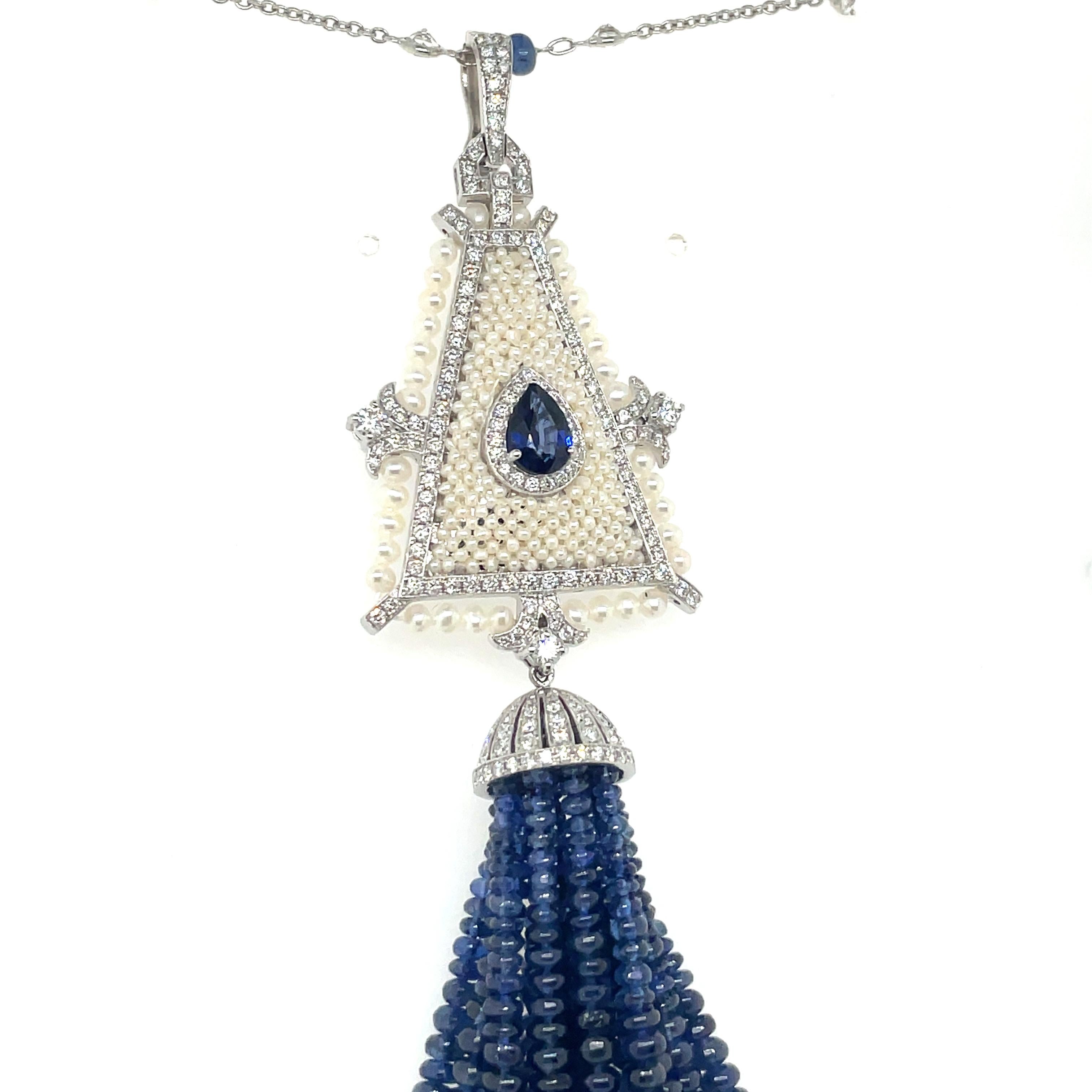 Contemporary 18k White Gold Sapphire Freshwater Pearl Diamond Tassel Necklace For Sale
