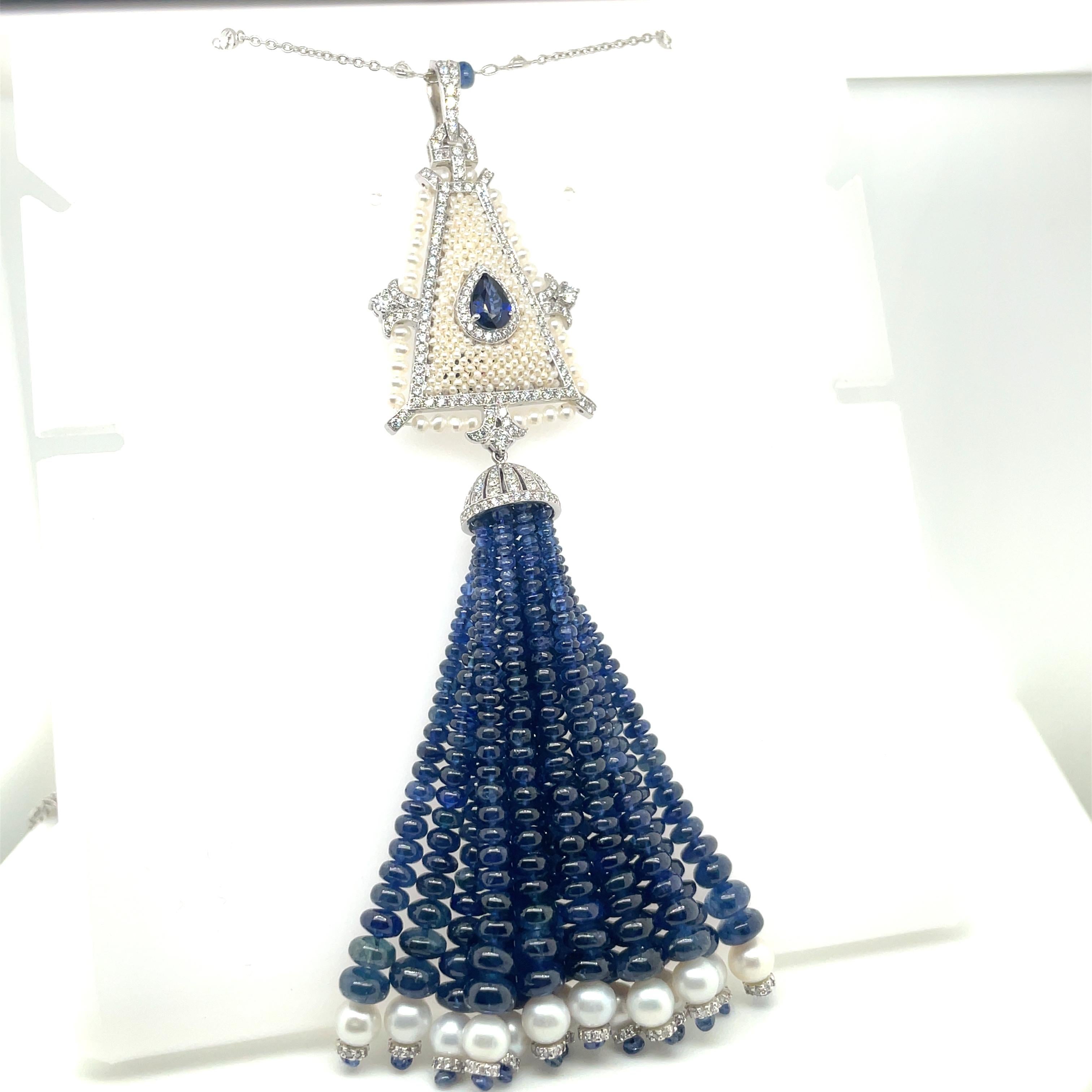 Round Cut 18k White Gold Sapphire Freshwater Pearl Diamond Tassel Necklace For Sale