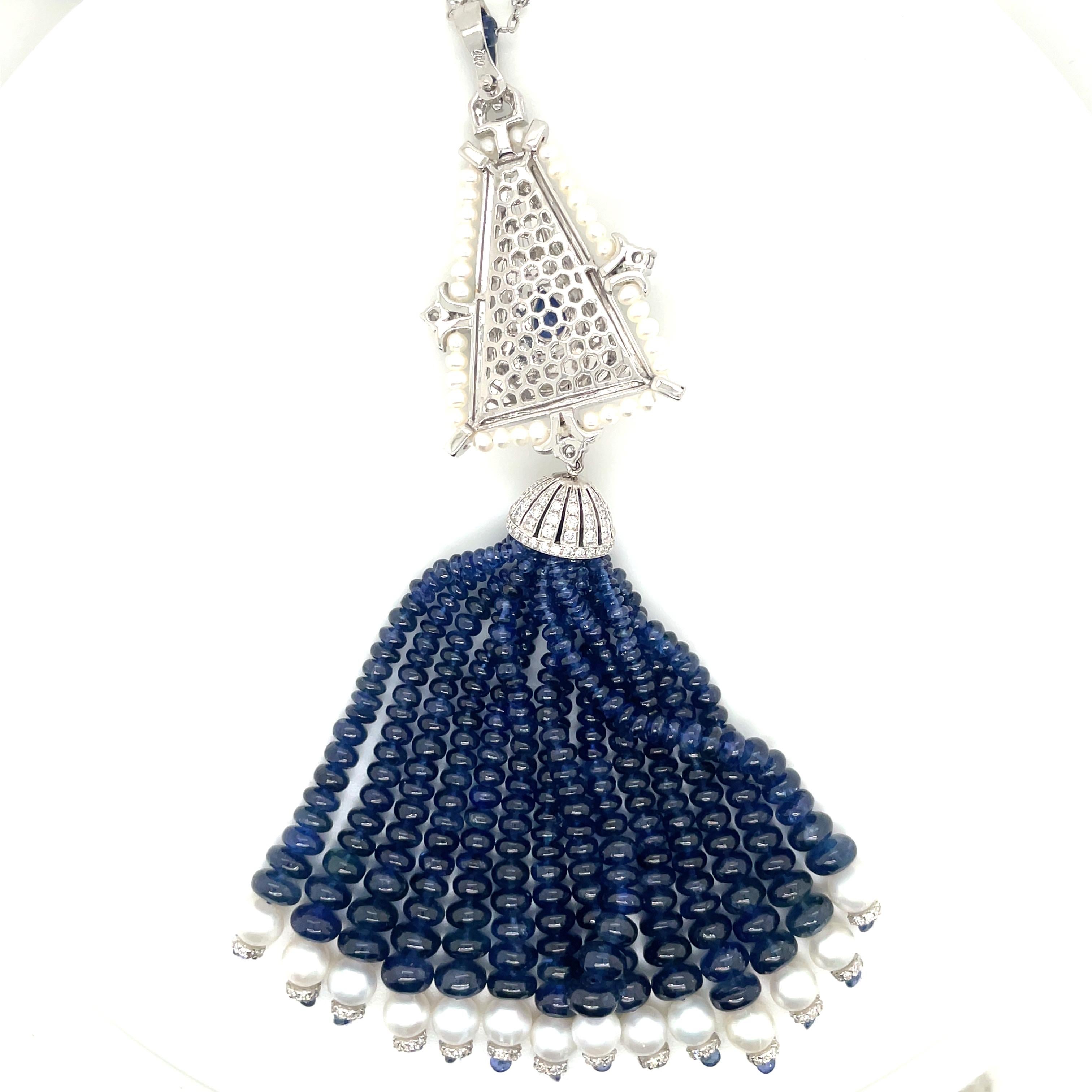 18k White Gold Sapphire Freshwater Pearl Diamond Tassel Necklace In New Condition For Sale In Hong Kong, HK