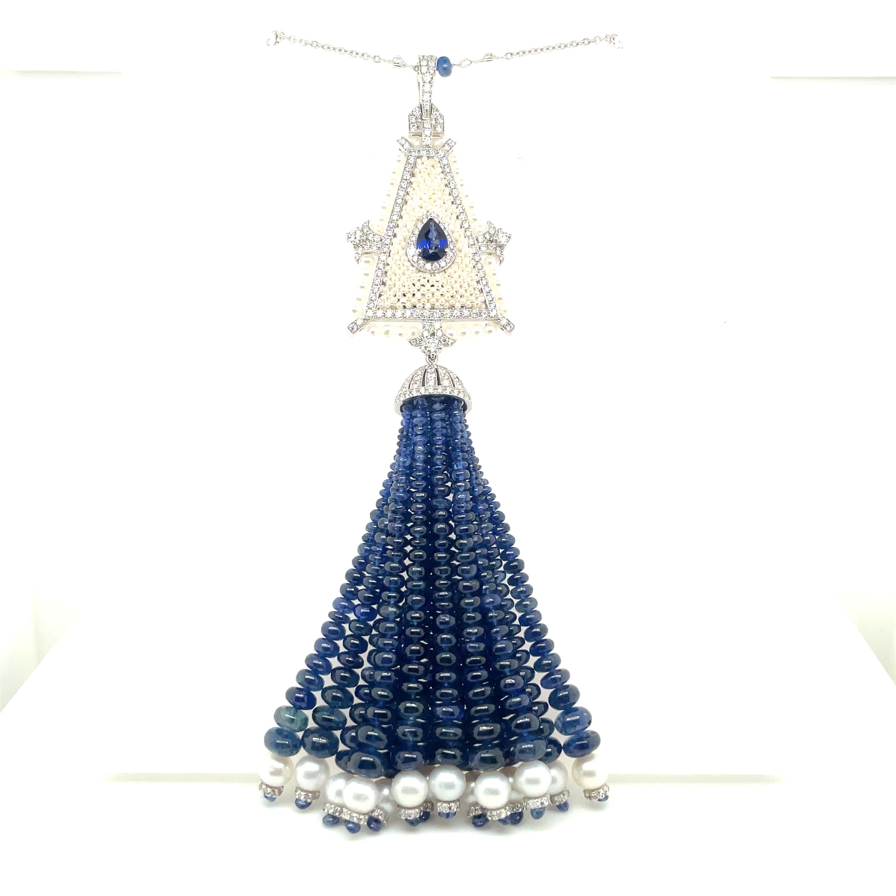 Women's or Men's 18k White Gold Sapphire Freshwater Pearl Diamond Tassel Necklace For Sale
