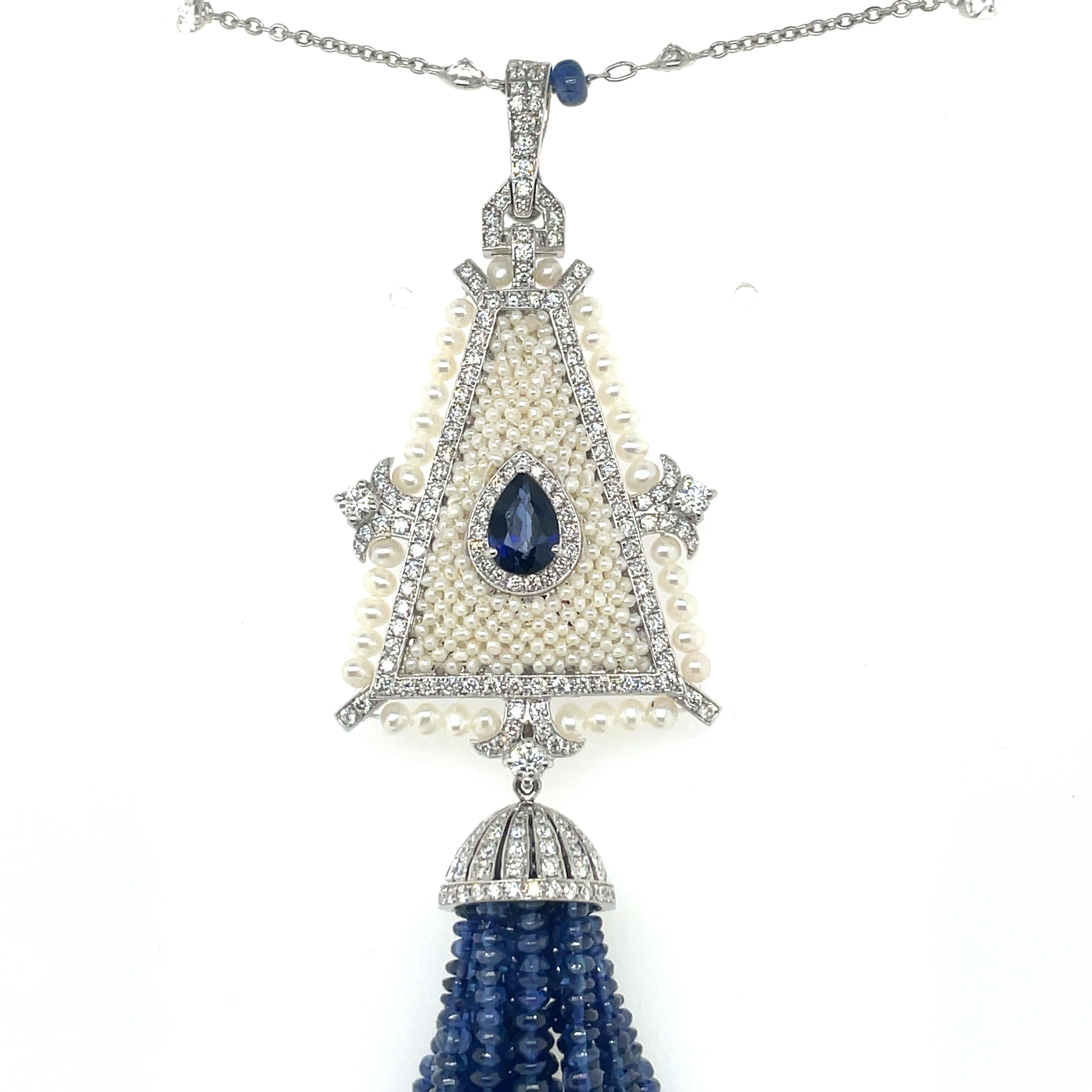 18k White Gold Sapphire Freshwater Pearl Diamond Tassel Necklace For Sale 1
