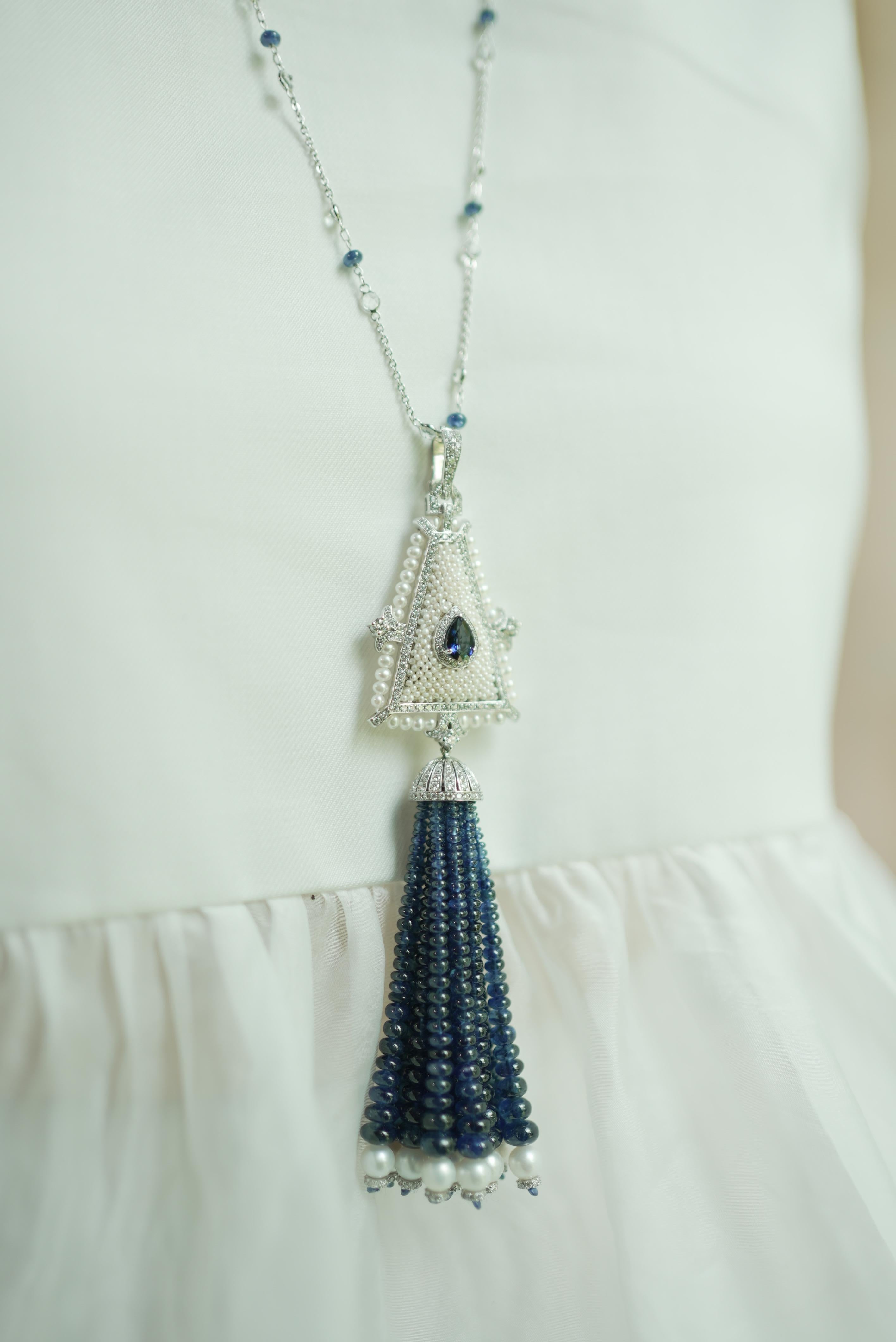18k White Gold Sapphire Freshwater Pearl Diamond Tassel Necklace For Sale 2